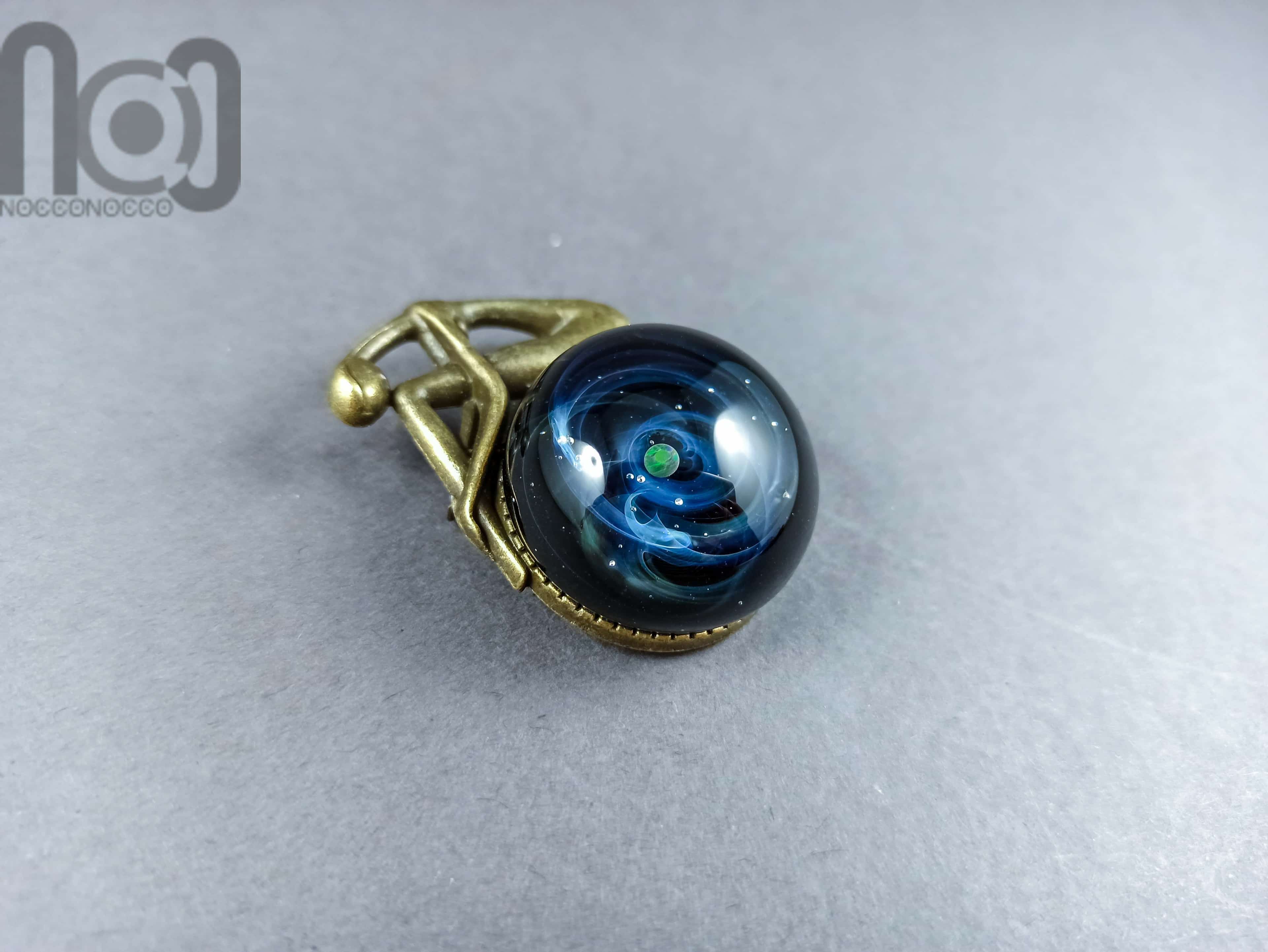 Handmade Antique Bronze Brooch with Glass Galaxy and An Opal Planet — handmade borosilicate glass by NoccoNocco, made in Greece
