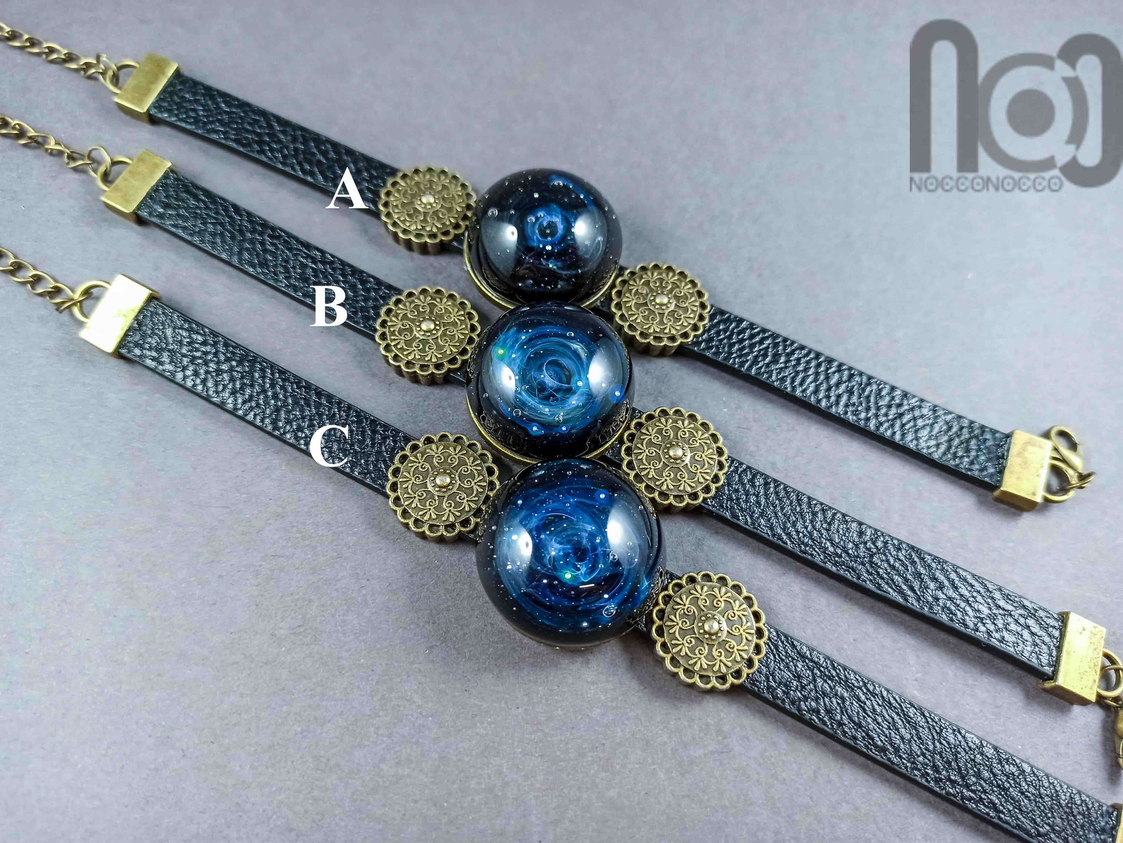 Silver Fumed Glass Galaxy Bracelet made with PU Leather, v14 — handmade borosilicate glass by NoccoNocco, made in Greece