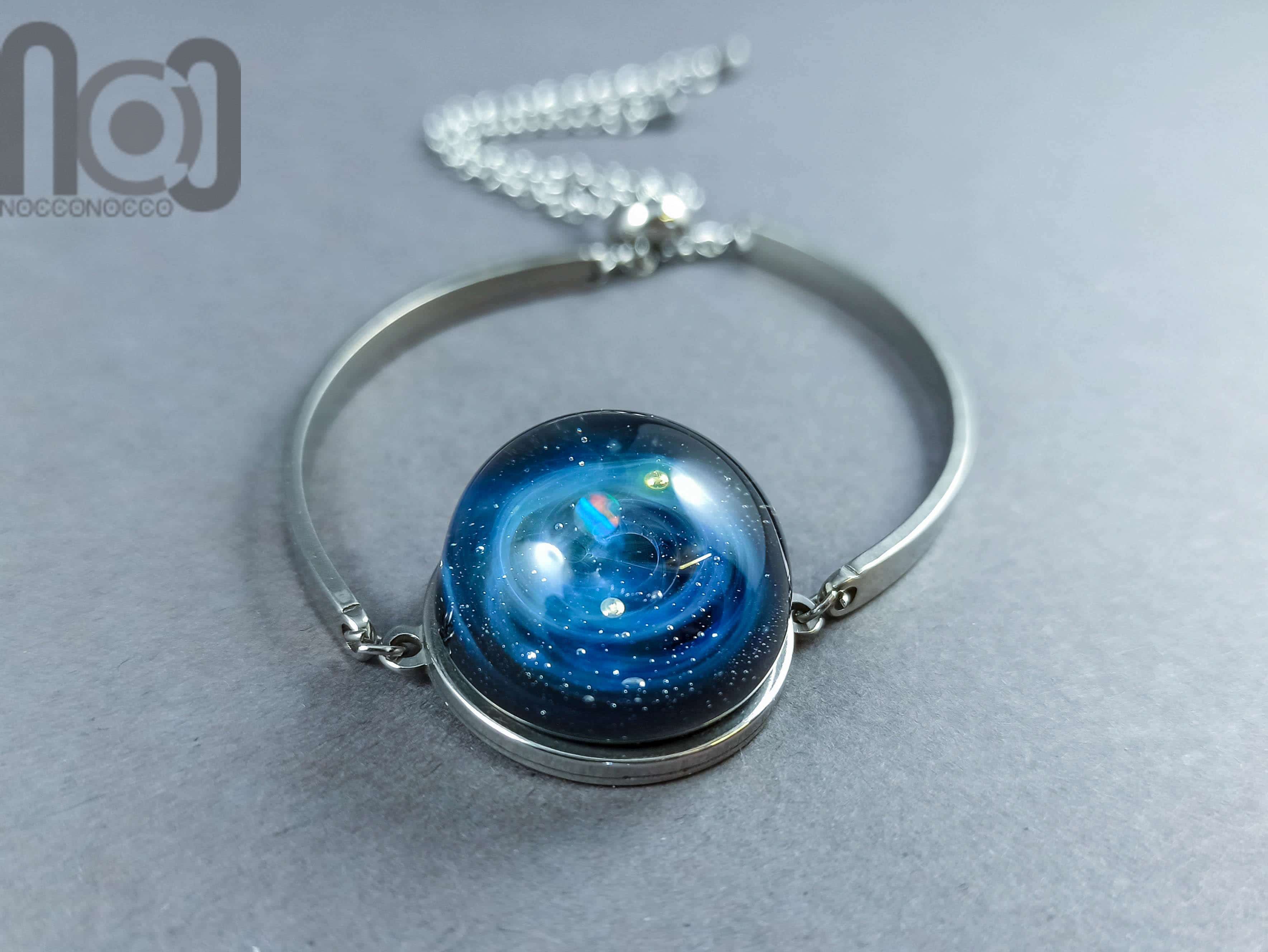 Silver Fumed Glass Galaxy Bracelet with Opal Planet, v11 — handmade borosilicate glass by NoccoNocco, made in Greece