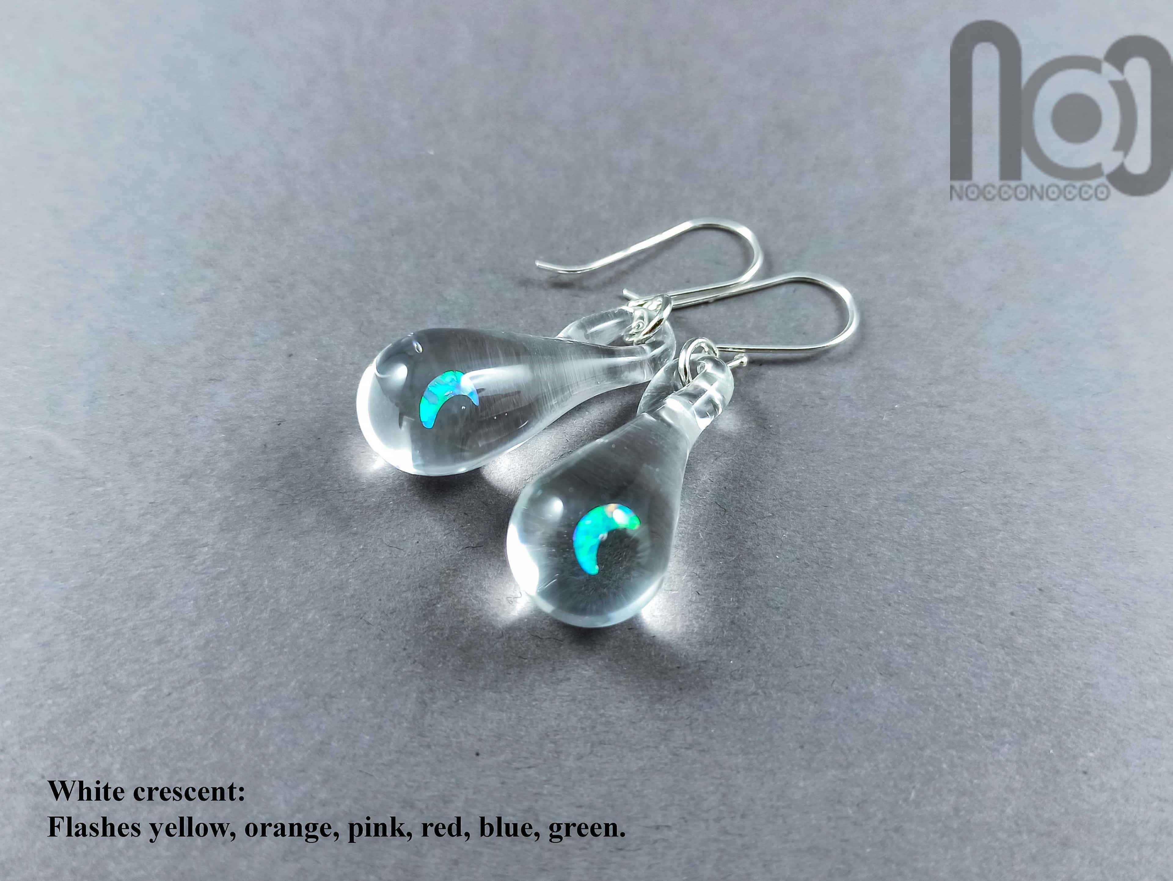 Clear Drop Earrings With Opals, v63 — handmade borosilicate glass by NoccoNocco, made in Greece