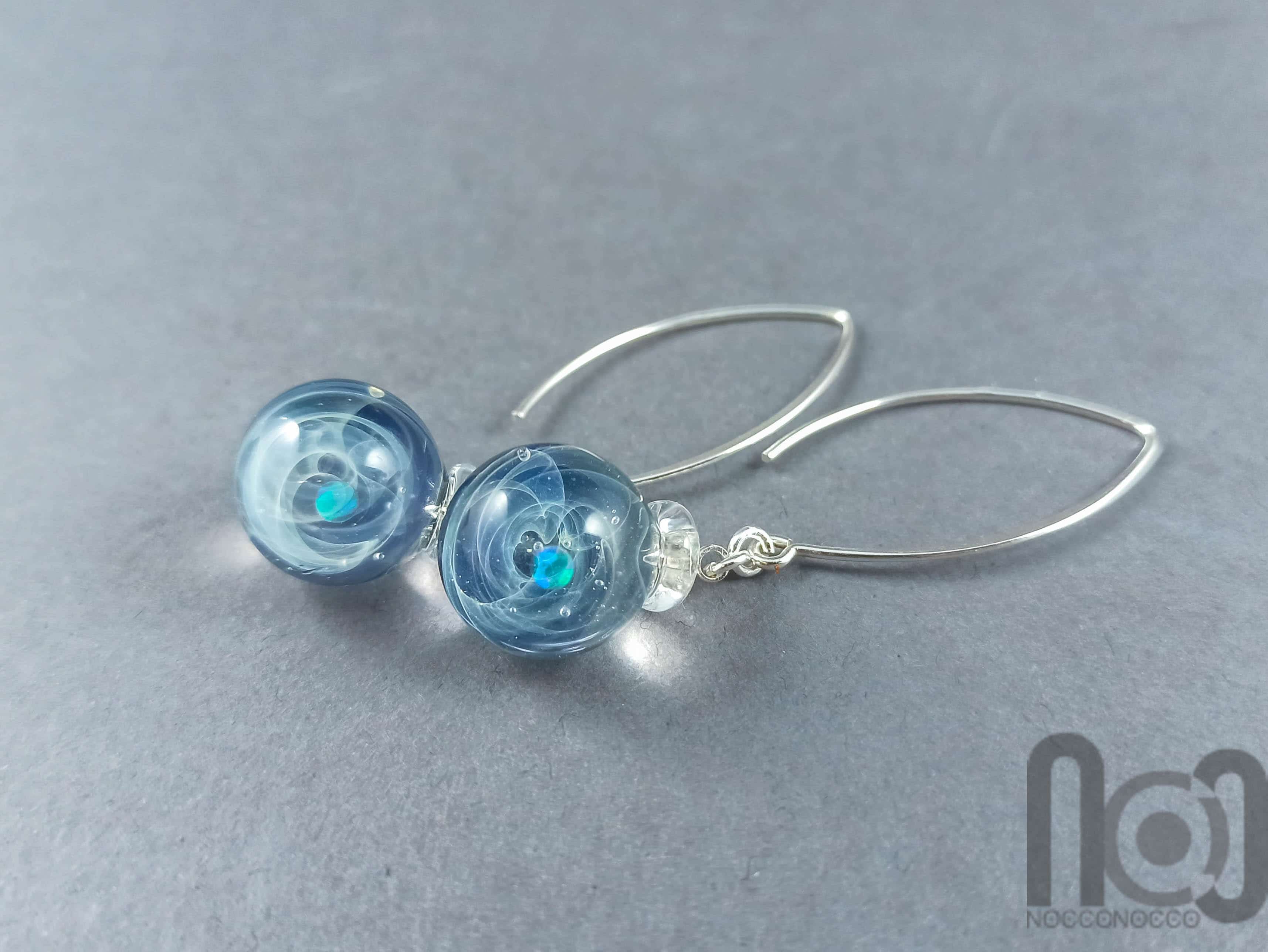 Galaxy earrings with opal planets and sterling silver hooks, v132 — handmade borosilicate glass by NoccoNocco, made in Greece