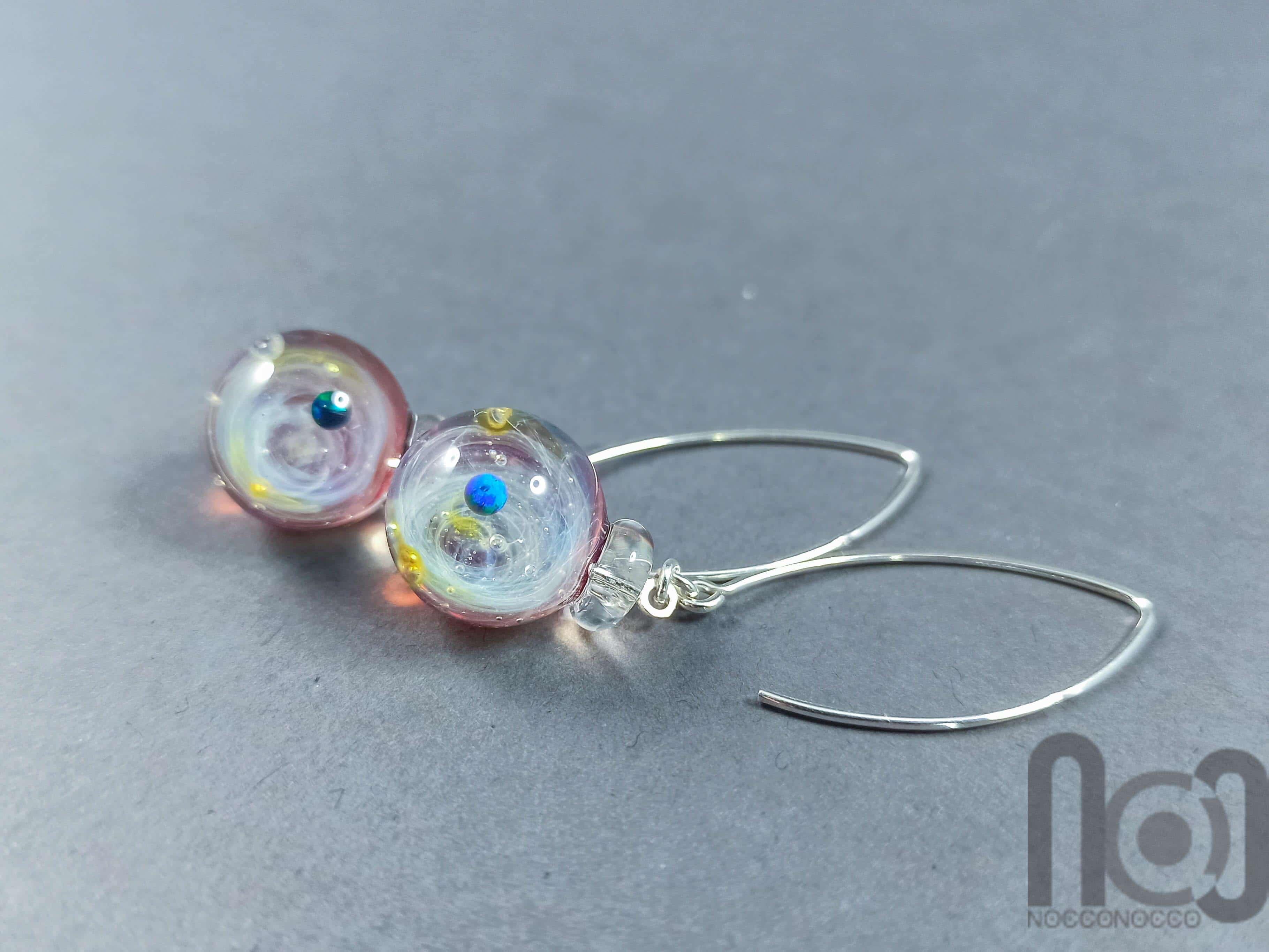 Galaxy earrings with opal planets and sterling silver hooks, v141 — handmade borosilicate glass by NoccoNocco, made in Greece