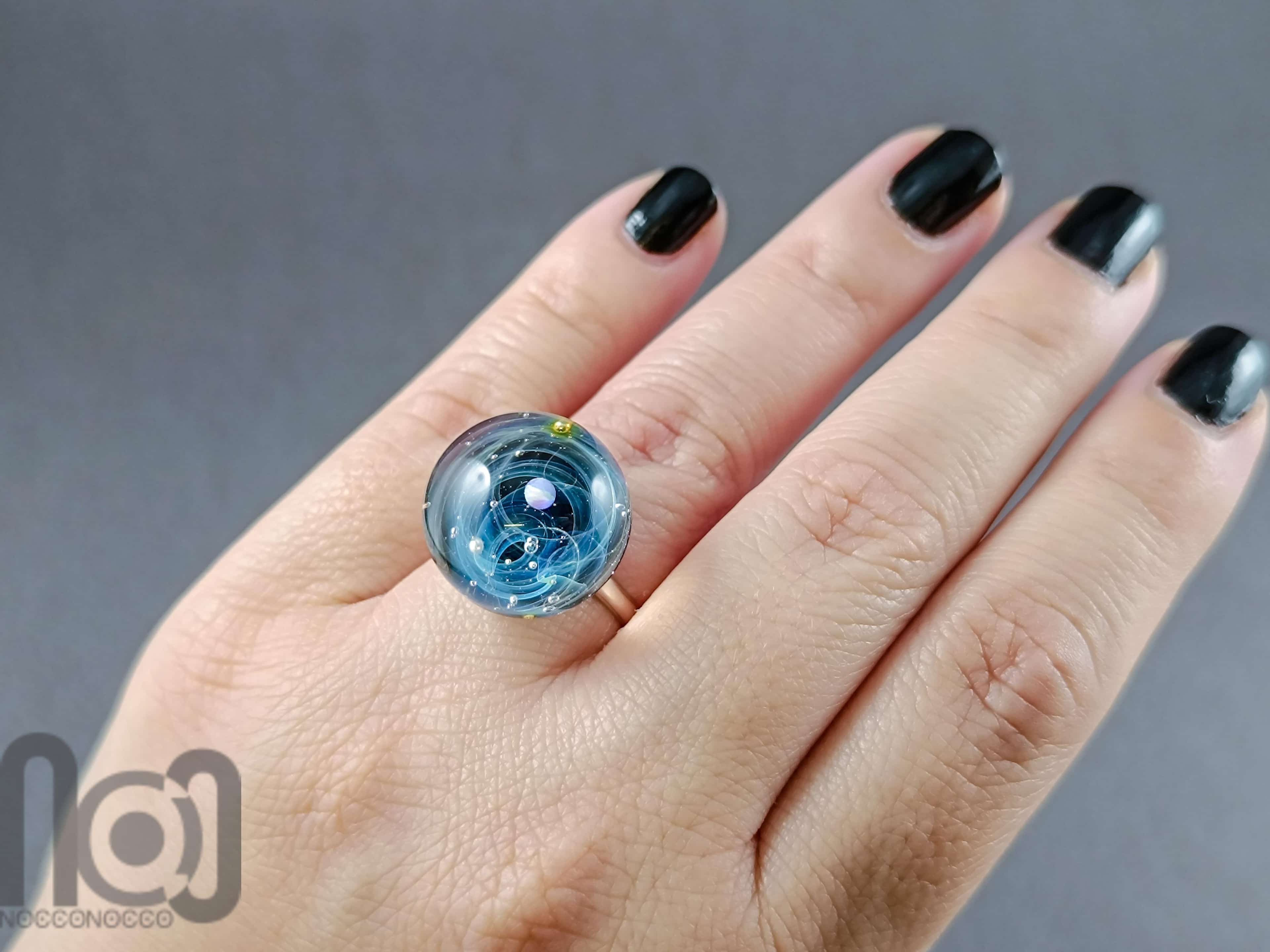 Sterling Silver Galaxy Ring with Opal Planet, v30 — handmade borosilicate glass by NoccoNocco, made in Greece