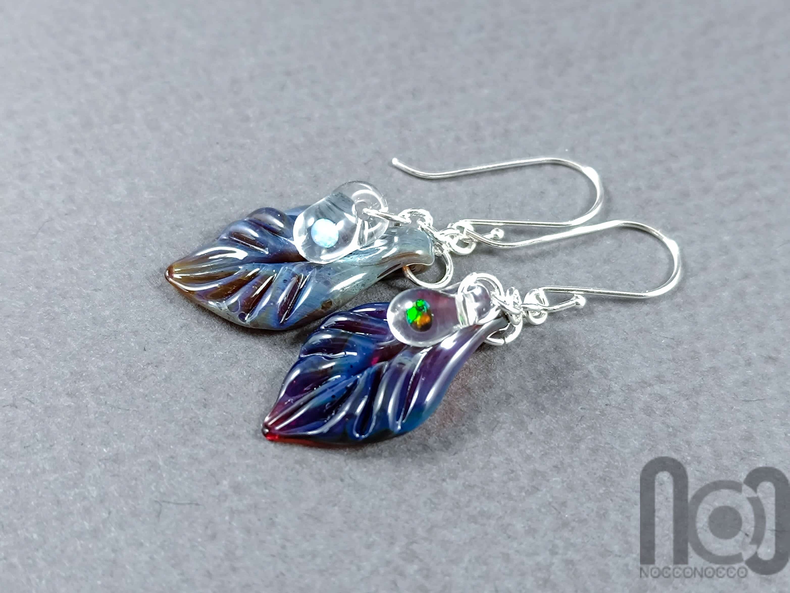 Mismatched leaf earrings with opals, v162 — handmade borosilicate glass by NoccoNocco, made in Greece