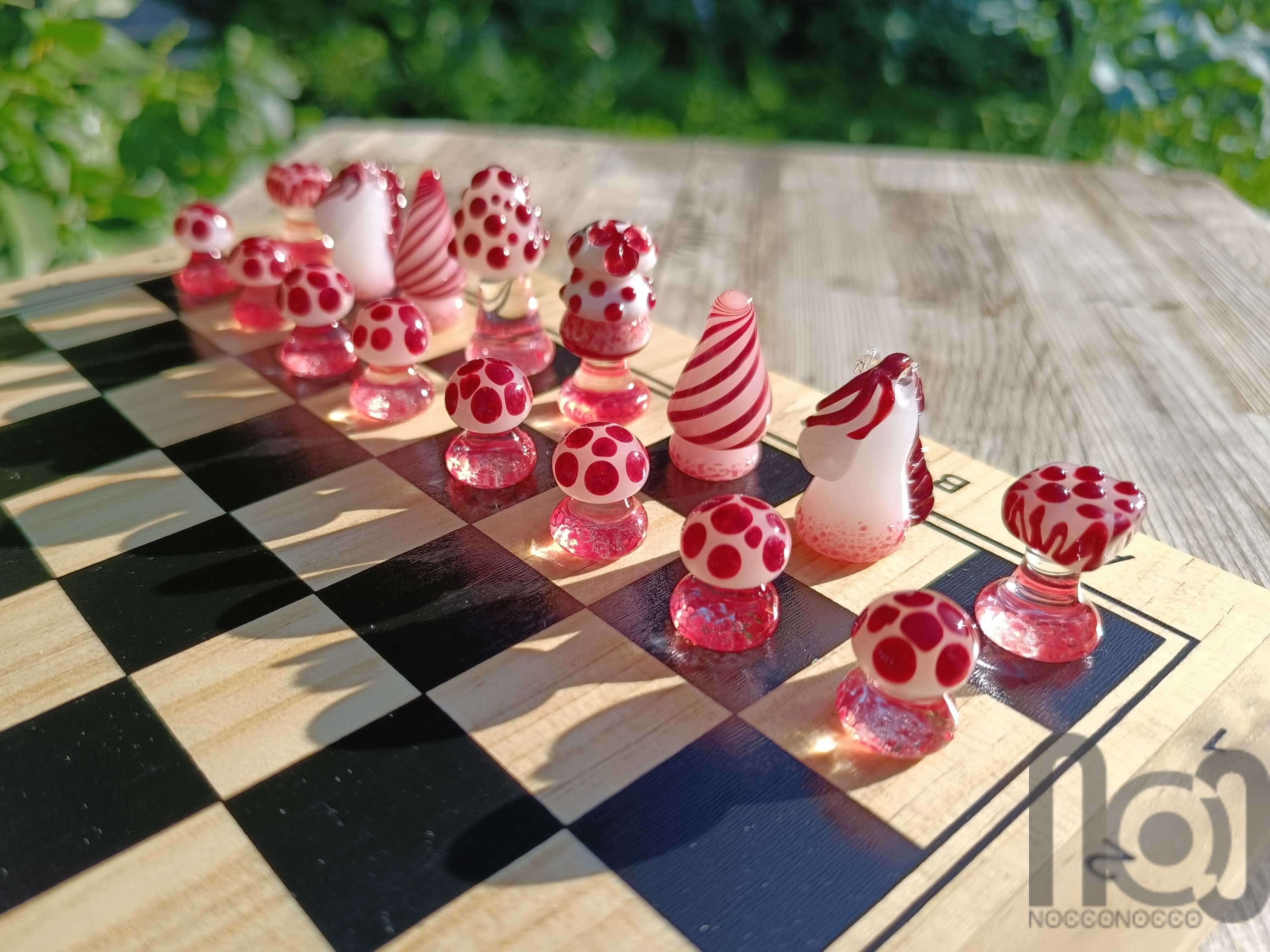 Mushroom Themed Handmade Glass Chess Set -v1 — handmade borosilicate glass by NoccoNocco, made in Greece