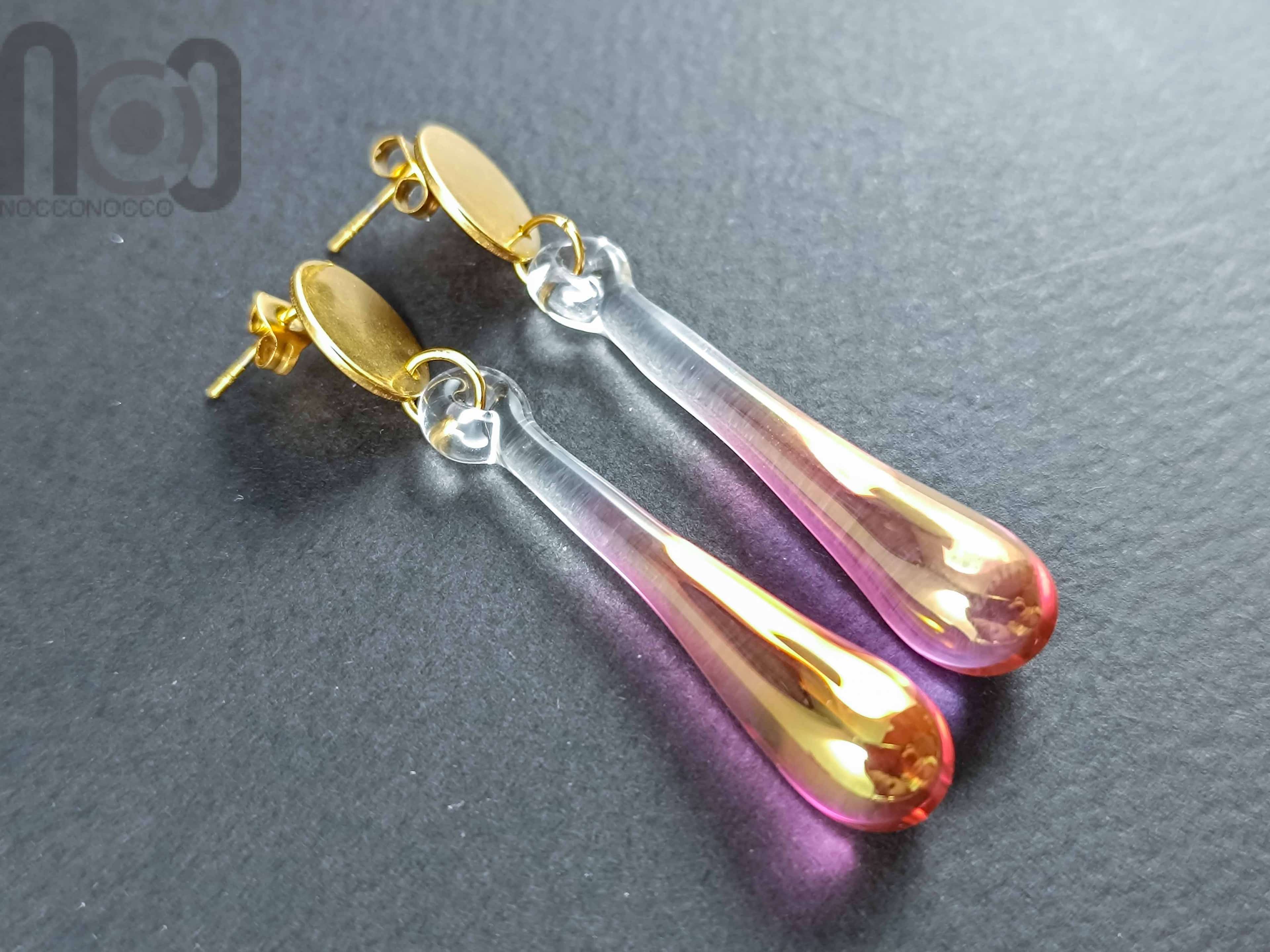 Gold Fumed Earrings, v165 — handmade borosilicate glass by NoccoNocco, made in Greece
