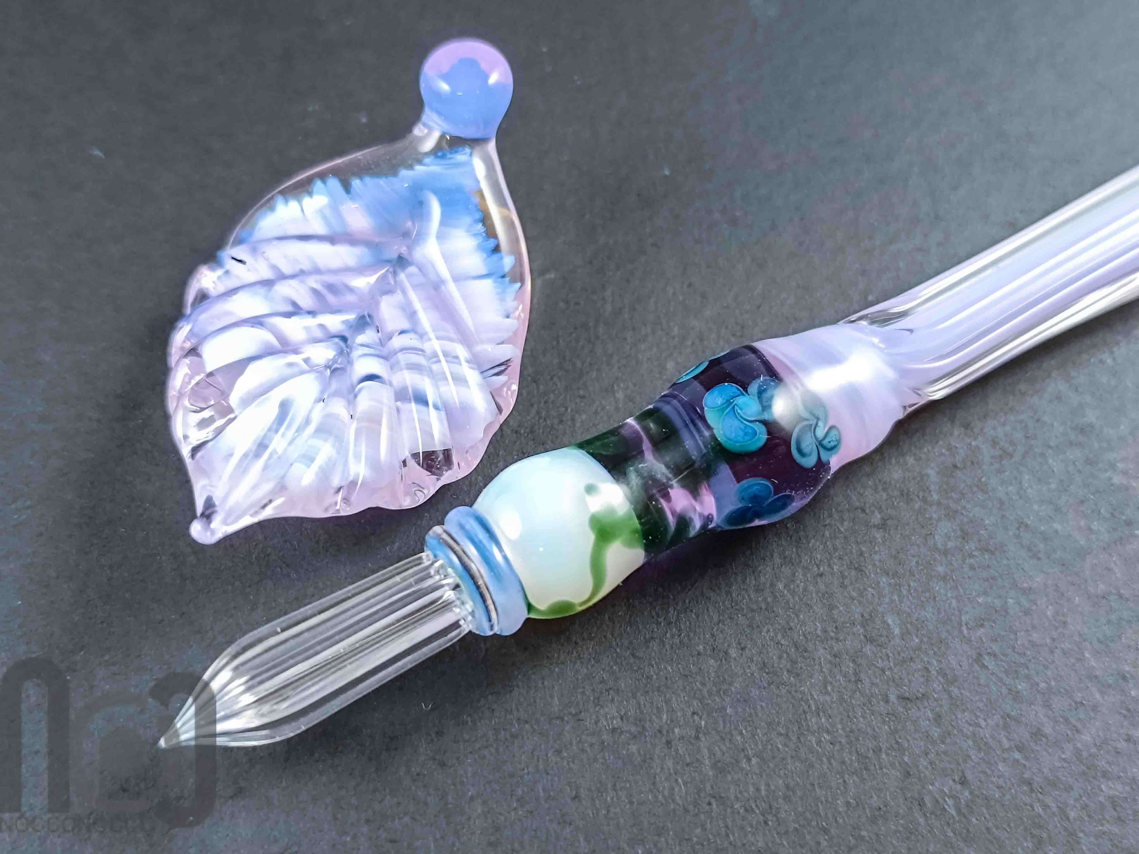 Handmade Glass Dip Pen with Floral Design and Pen Pillow — handmade borosilicate glass by NoccoNocco, made in Greece