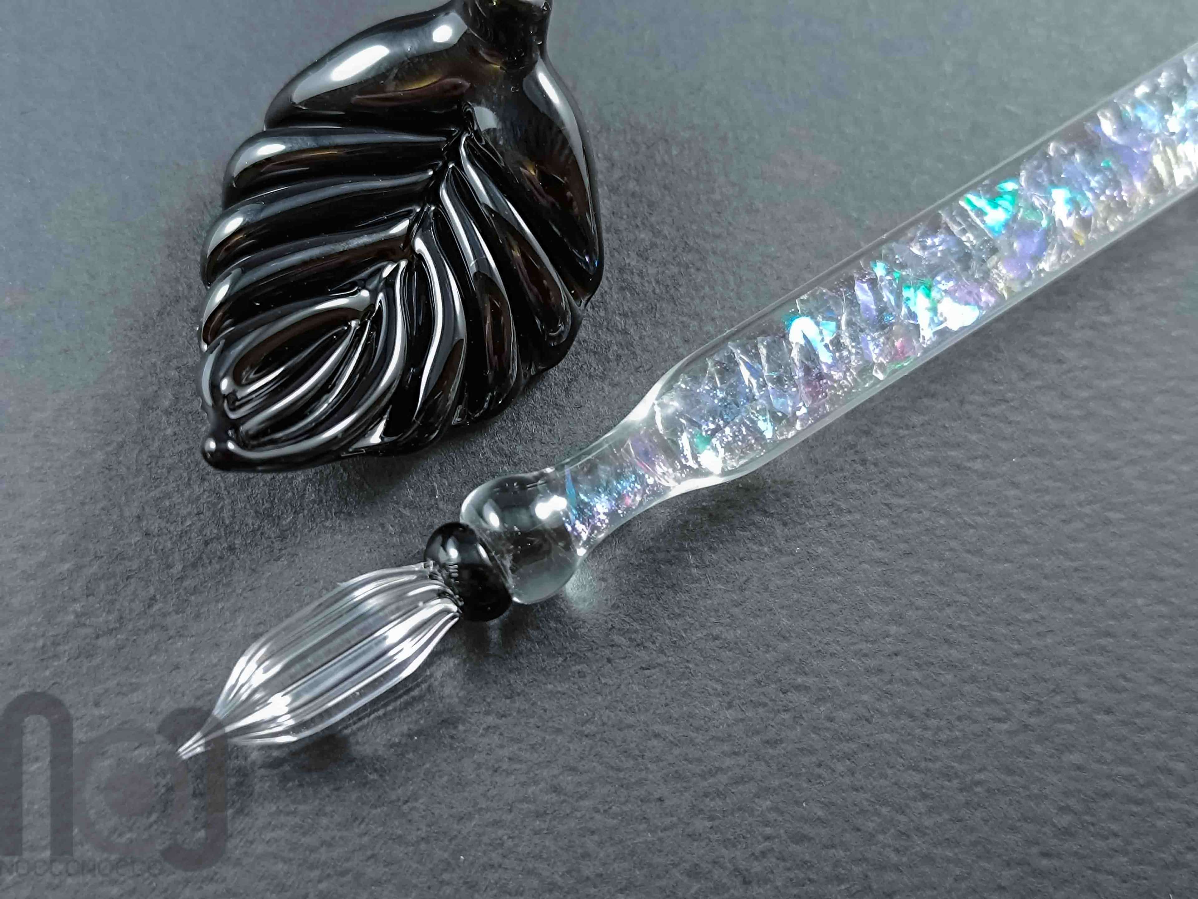 Handmade Glass Dip Pen with Dichroic Glass and Leaf Pillow — handmade borosilicate glass by NoccoNocco, made in Greece