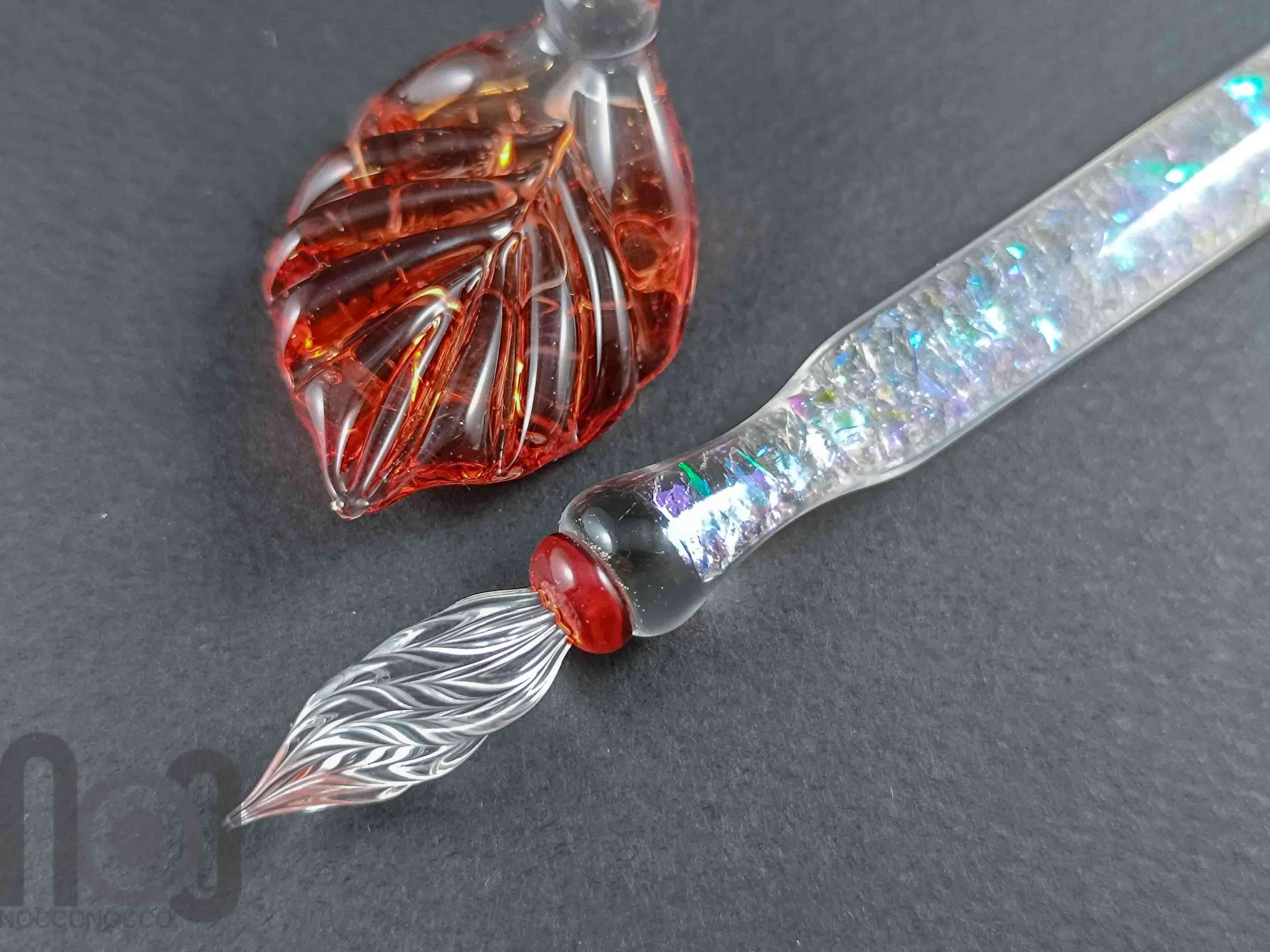 Handmade Glass Dip Pen with Dichroic Glass and Leaf Pillow — handmade borosilicate glass by NoccoNocco, made in Greece