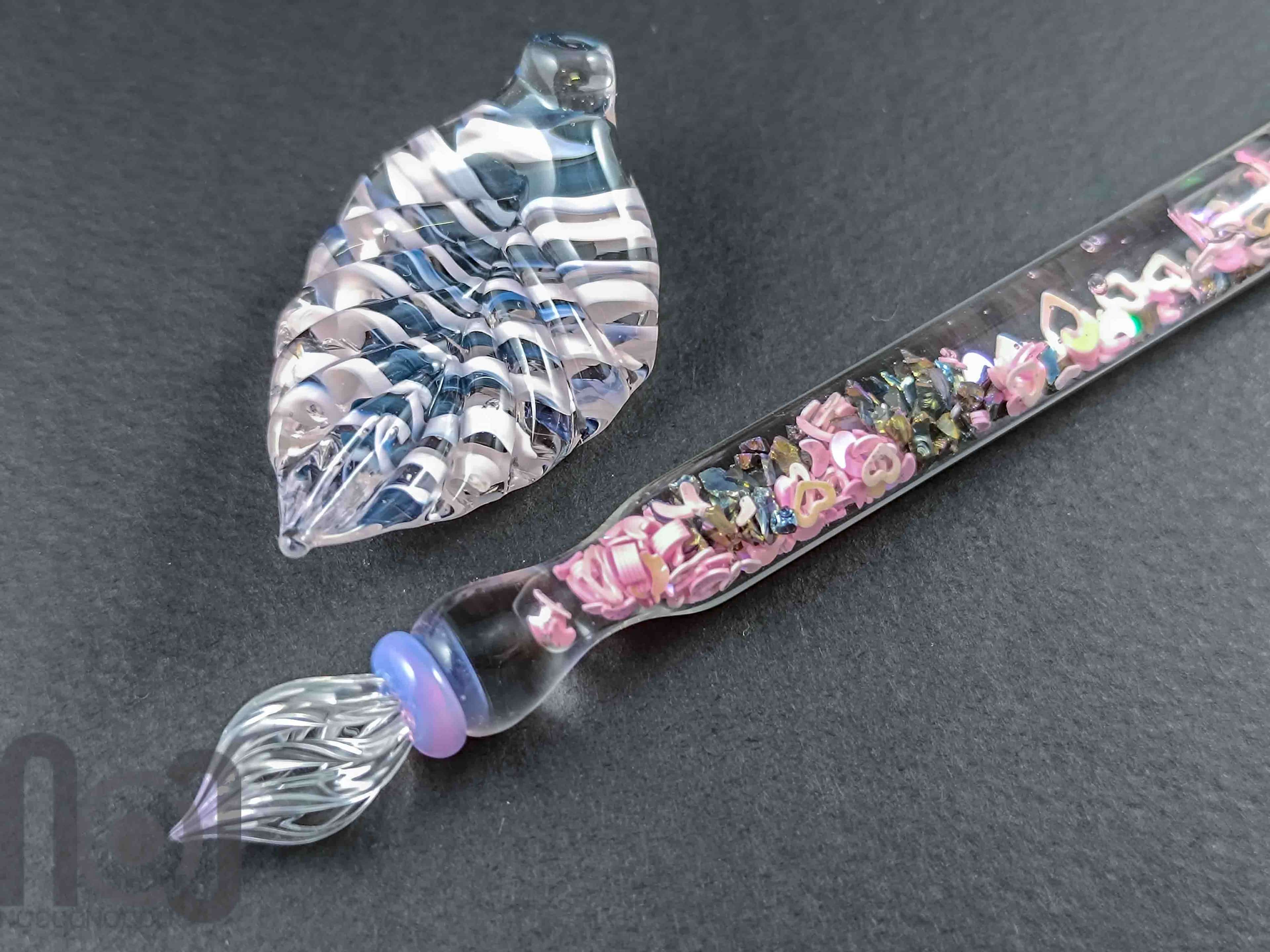 Handmade Glass Dip Pen with Galaxy Marble & Reflective Pink Hearts — handmade borosilicate glass by NoccoNocco, made in Greece