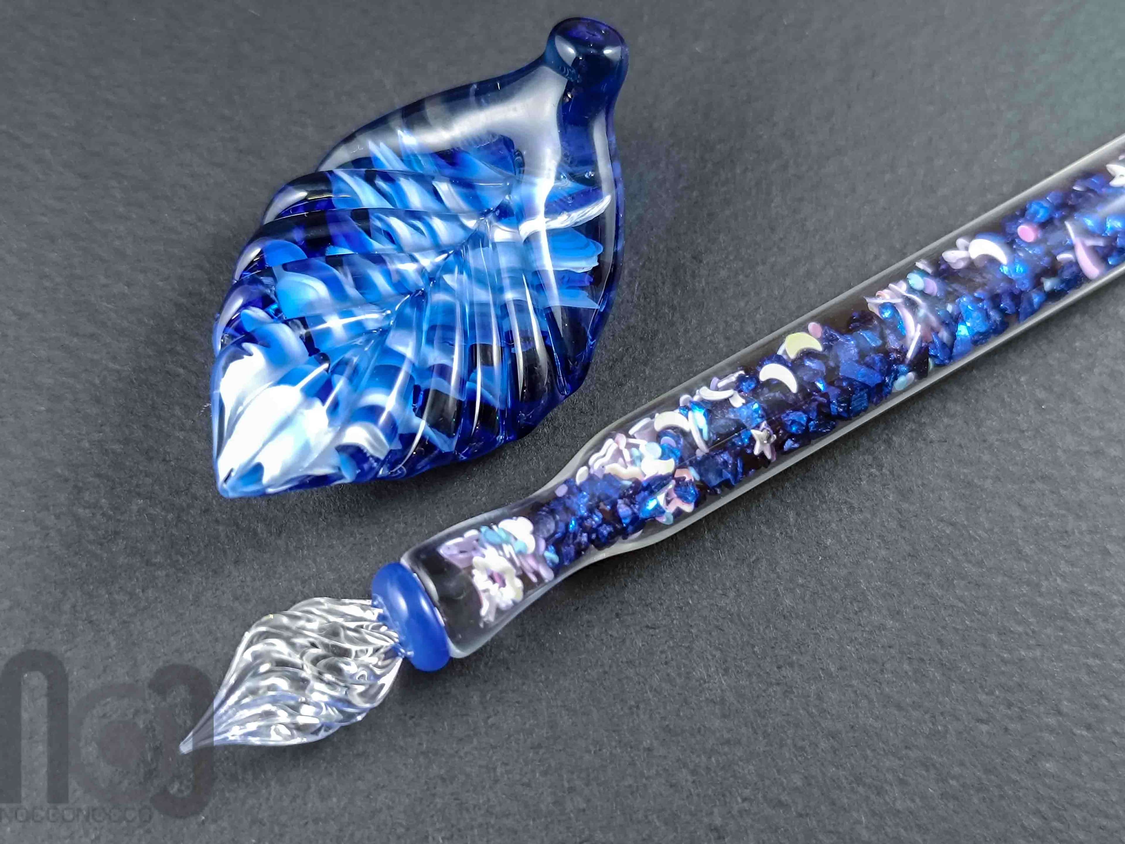 Handmade Glass Dip Pen with Galaxy Marble and Star Flakes — handmade borosilicate glass by NoccoNocco, made in Greece