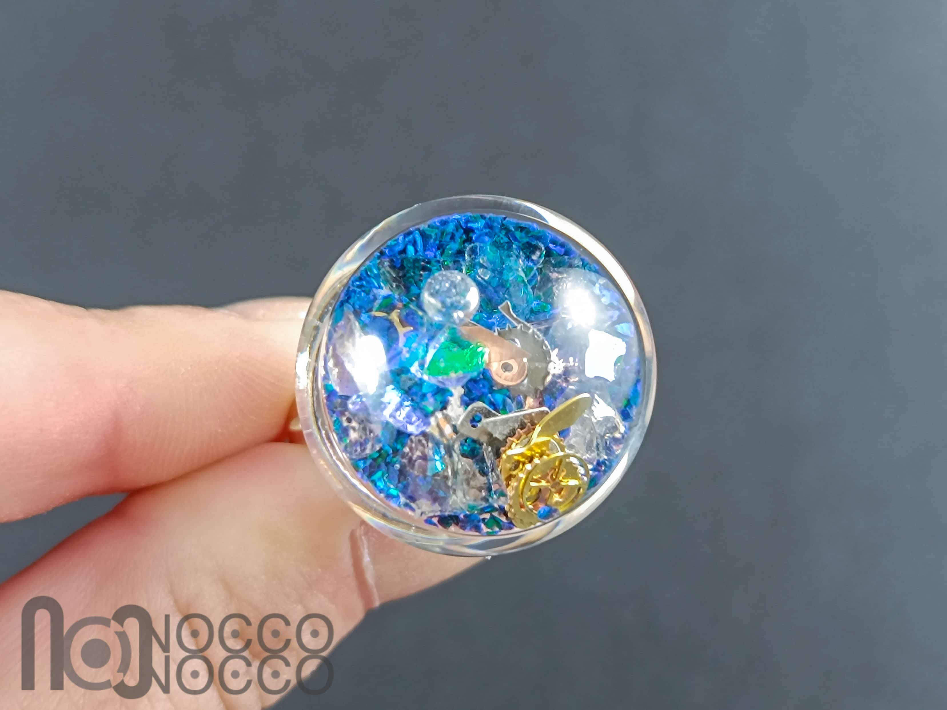 Hollow Glass Ring – Crushed Opal & Gear Design – Sterling Silver Adjustable Band — handmade borosilicate glass by NoccoNocco, made in Greece