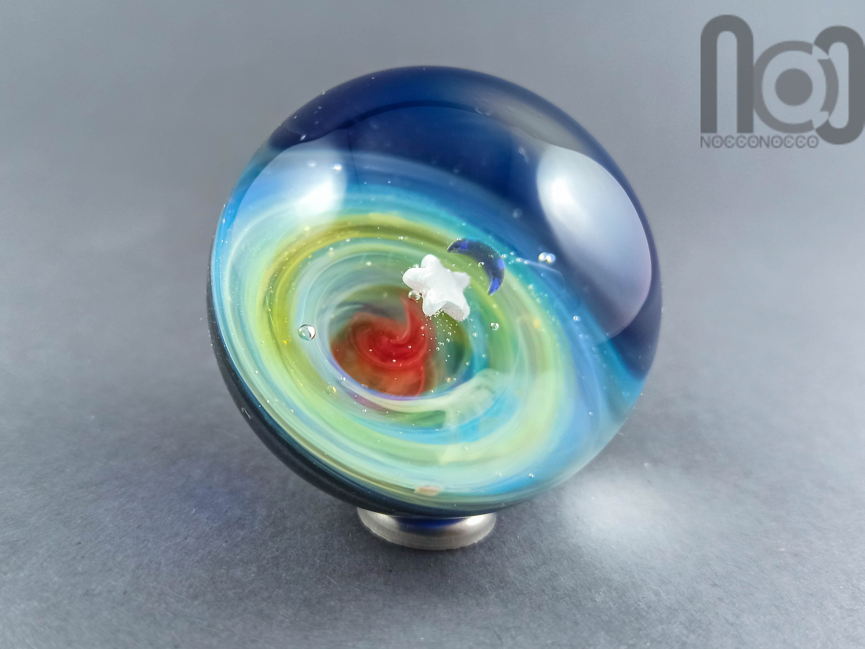 Silver Fumed Galaxy Marble With A Floating Opal Crescent Moon and A Star, v53 — handmade borosilicate glass by NoccoNocco, main view, made in Greece