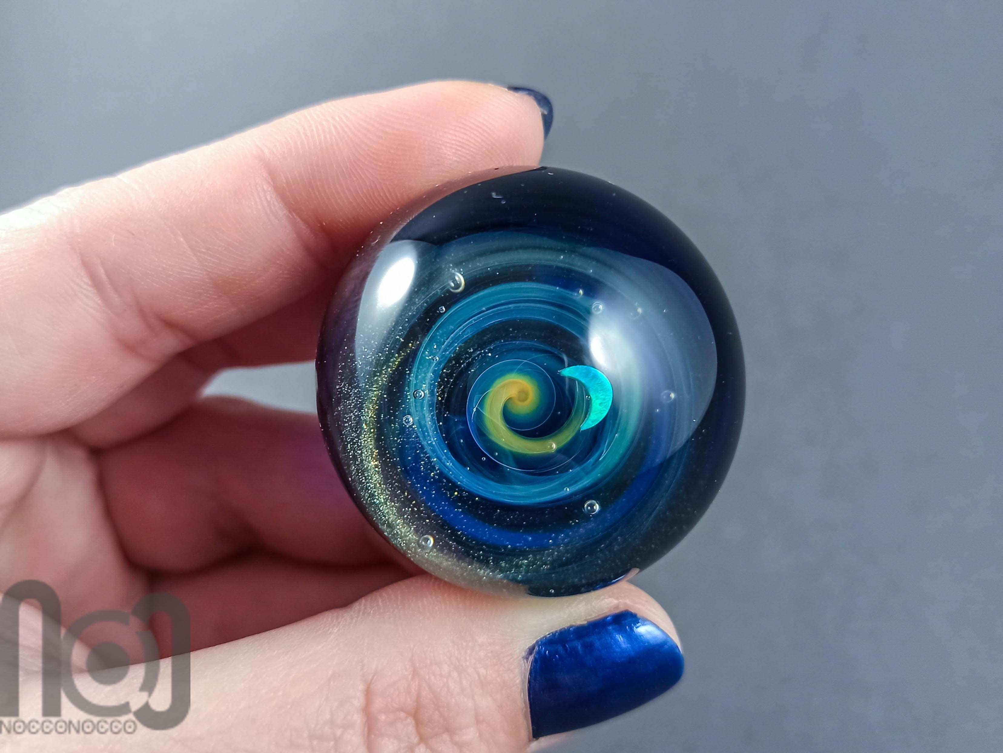 Silver Fumed Glass Galaxy Marble With A Floating Opal Crescent Moon, v58 — handmade borosilicate glass by NoccoNocco, detail view 2 of 2, made in Greece