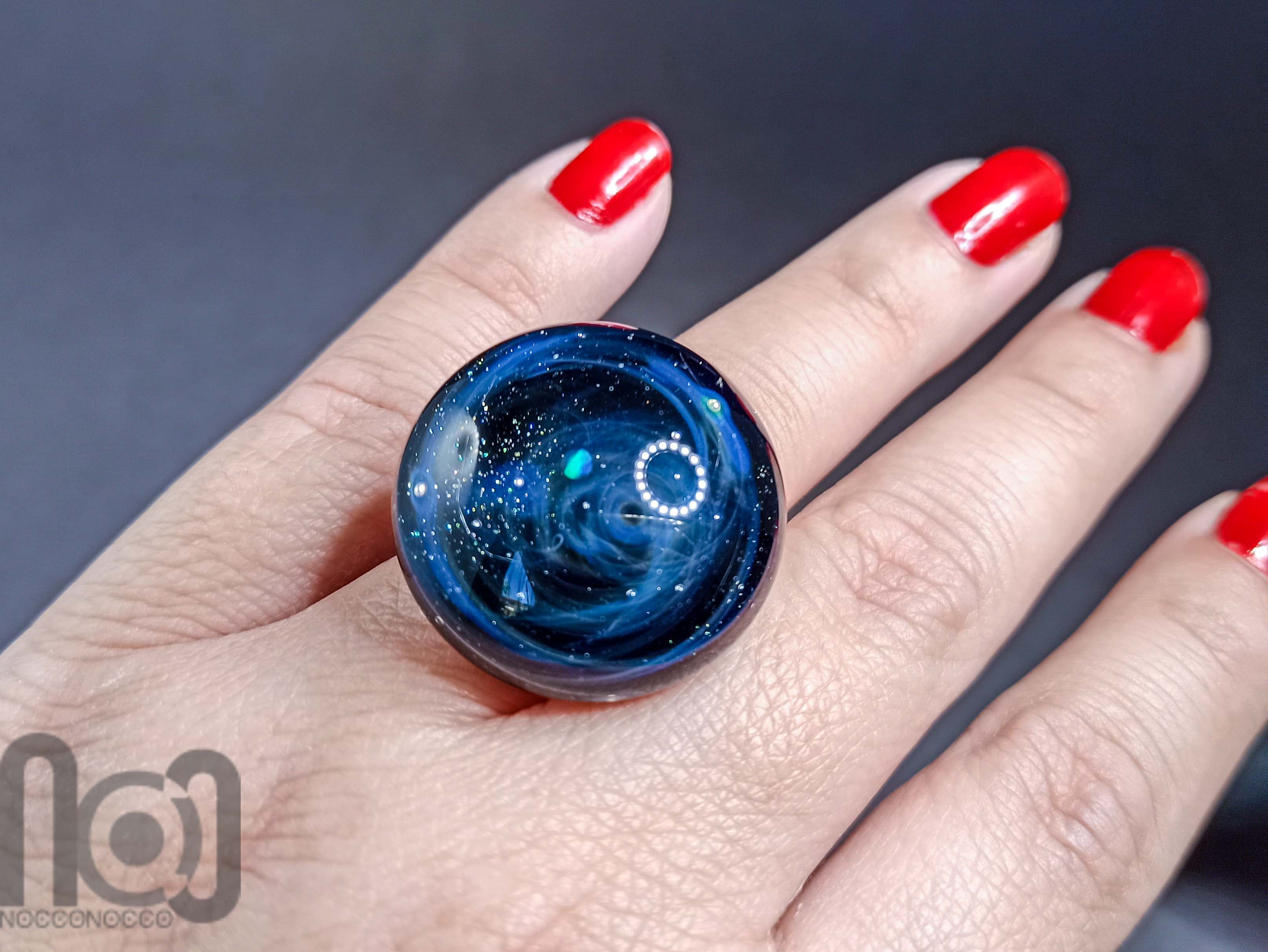 Galaxy Ring with 925 Sterling Silver Band and Opal planet, v24 — handmade borosilicate glass by NoccoNocco, main view, made in Greece