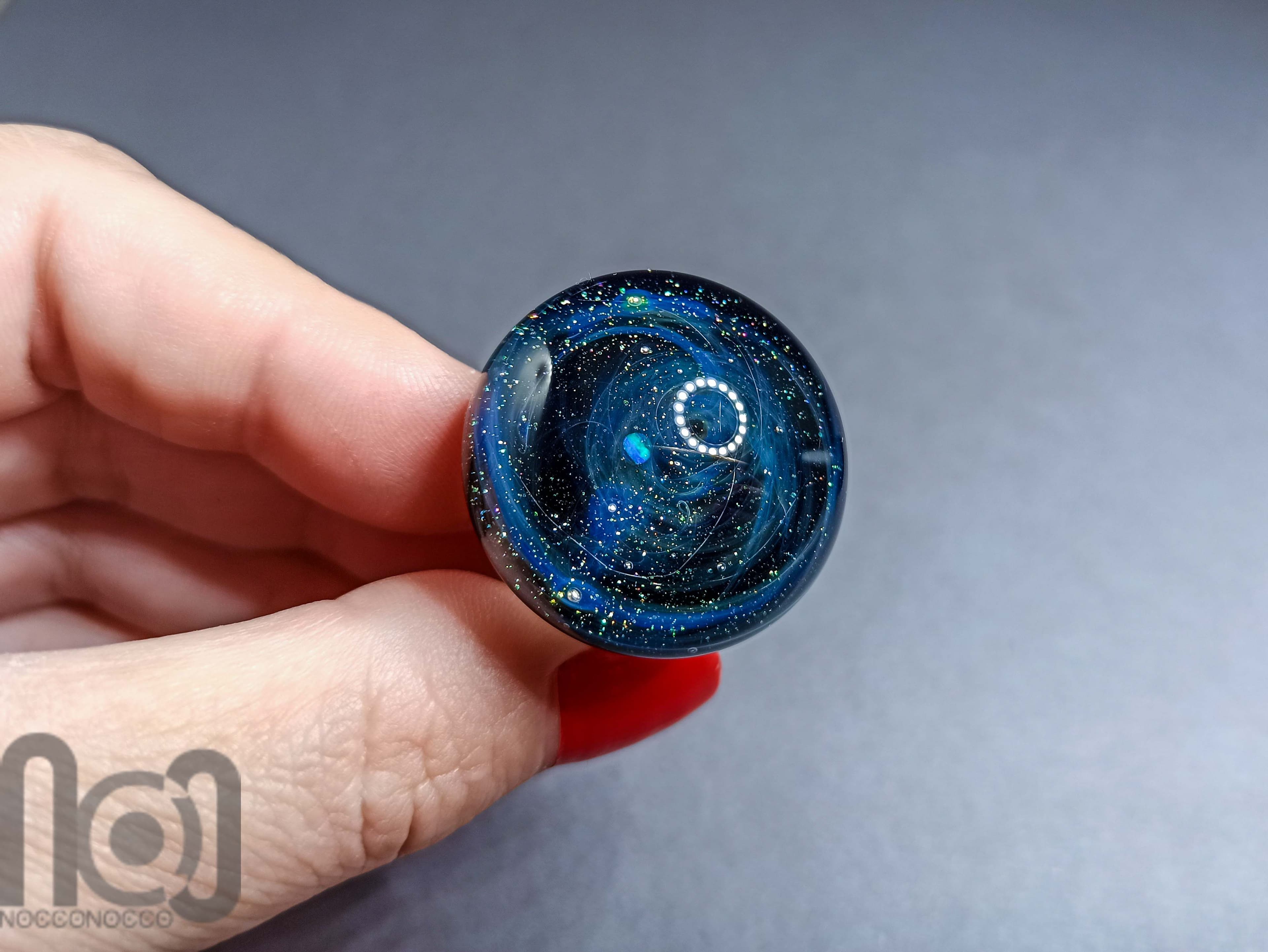 Galaxy Ring with 925 Sterling Silver Band and Opal planet, v24 — handmade borosilicate glass by NoccoNocco, detail view 2 of 3, made in Greece