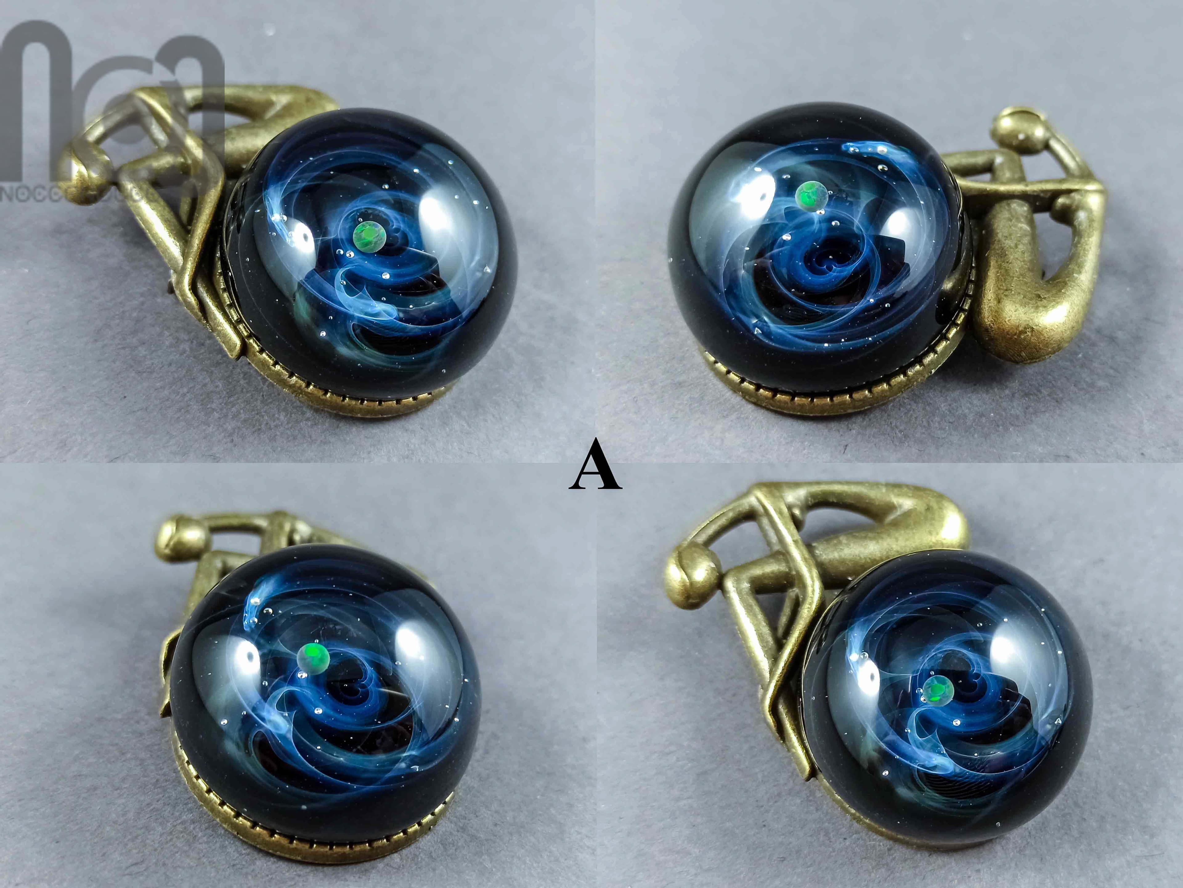 Handmade Antique Bronze Brooch with Glass Galaxy and An Opal Planet — handmade borosilicate glass by NoccoNocco, detail view 3 of 6, made in Greece