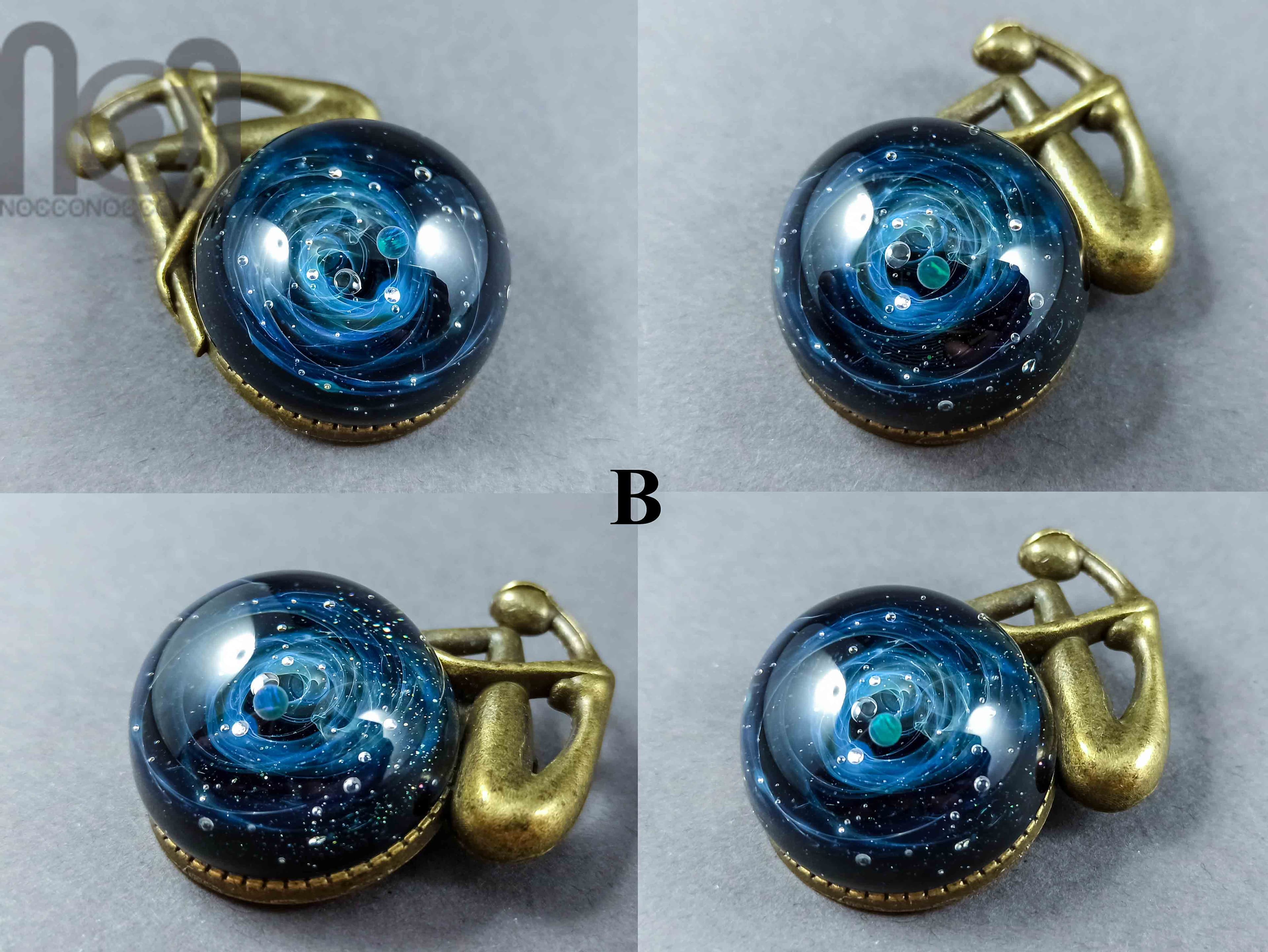 Handmade Antique Bronze Brooch with Glass Galaxy and An Opal Planet — handmade borosilicate glass by NoccoNocco, detail view 4 of 6, made in Greece