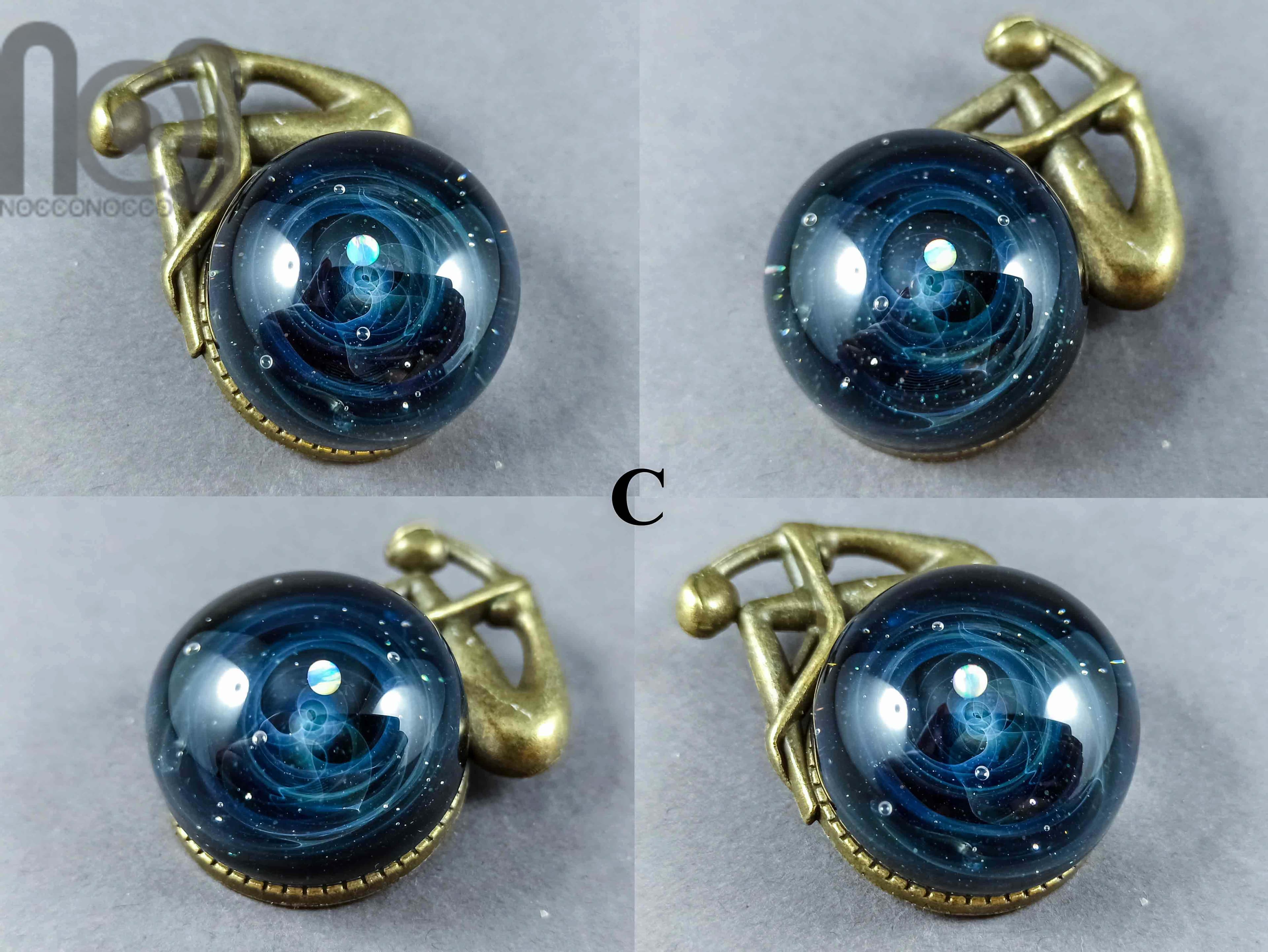 Handmade Antique Bronze Brooch with Glass Galaxy and An Opal Planet — handmade borosilicate glass by NoccoNocco, detail view 5 of 6, made in Greece