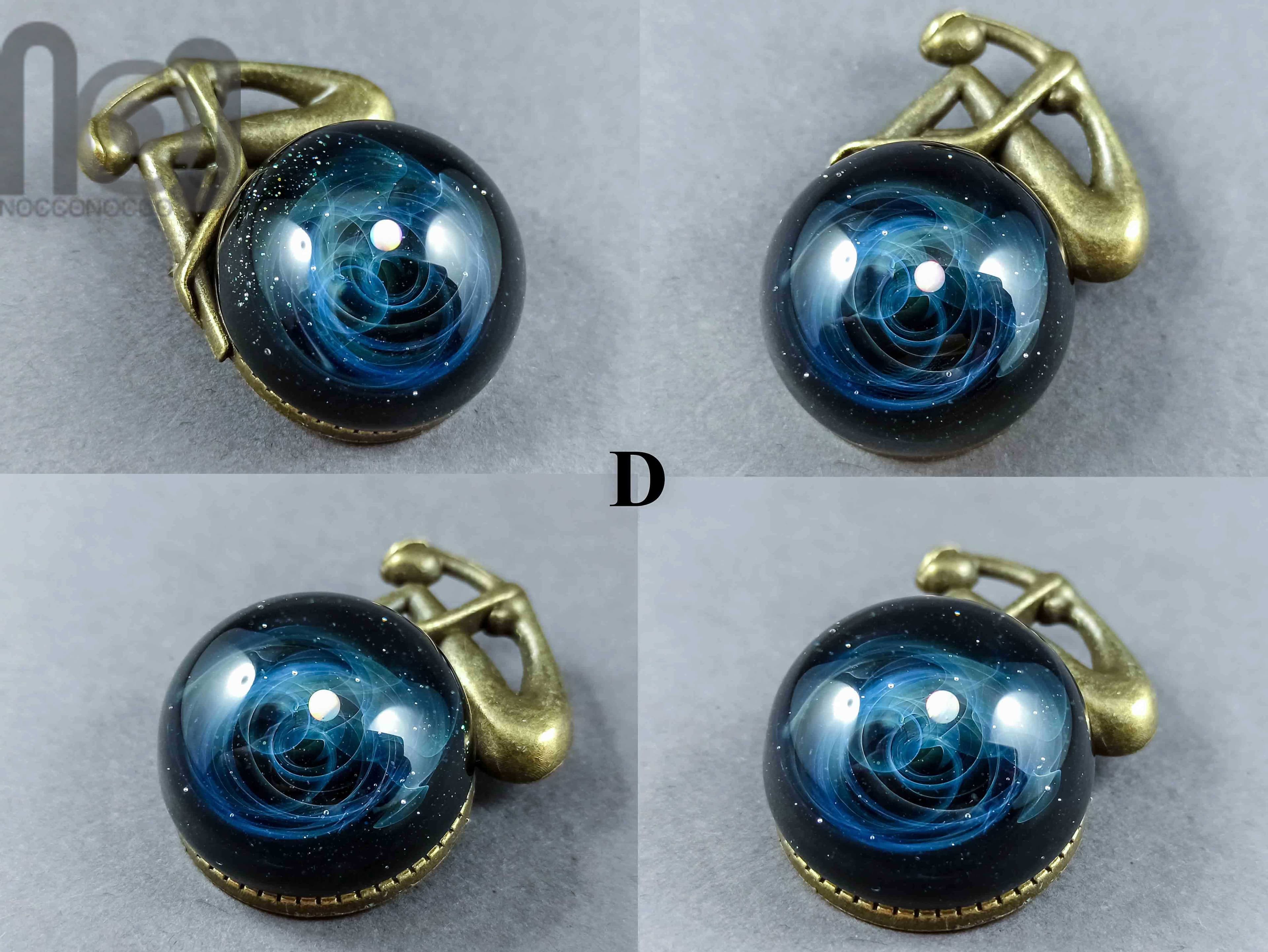 Handmade Antique Bronze Brooch with Glass Galaxy and An Opal Planet — handmade borosilicate glass by NoccoNocco, detail view 6 of 6, made in Greece