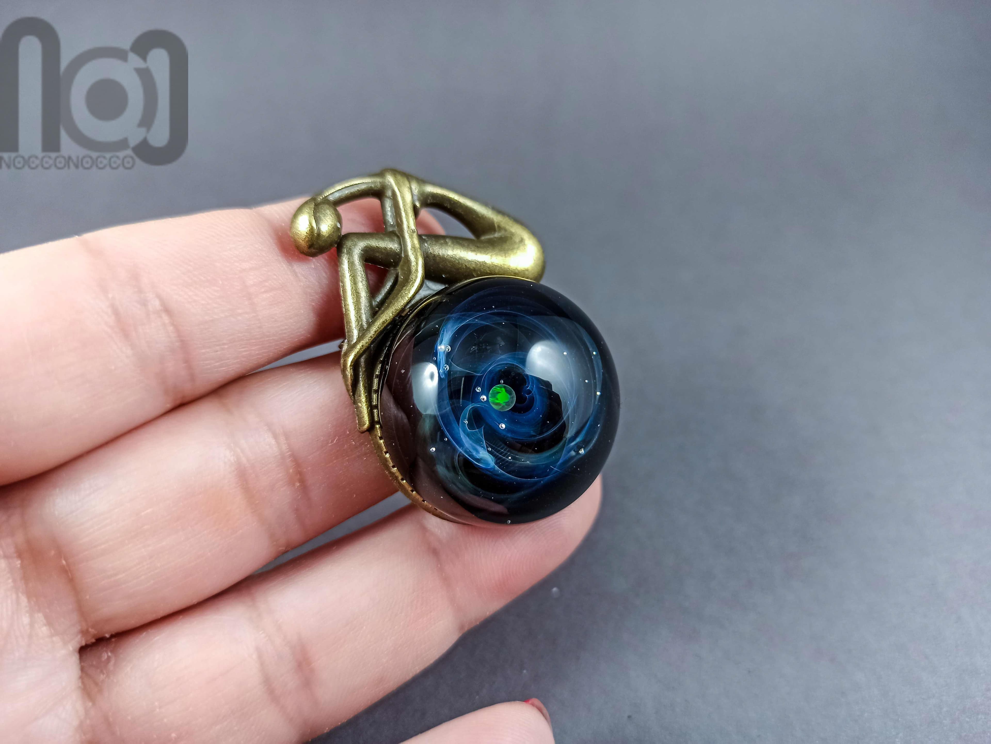 Handmade Antique Bronze Brooch with Glass Galaxy and An Opal Planet — handmade borosilicate glass by NoccoNocco, detail view 2 of 6, made in Greece