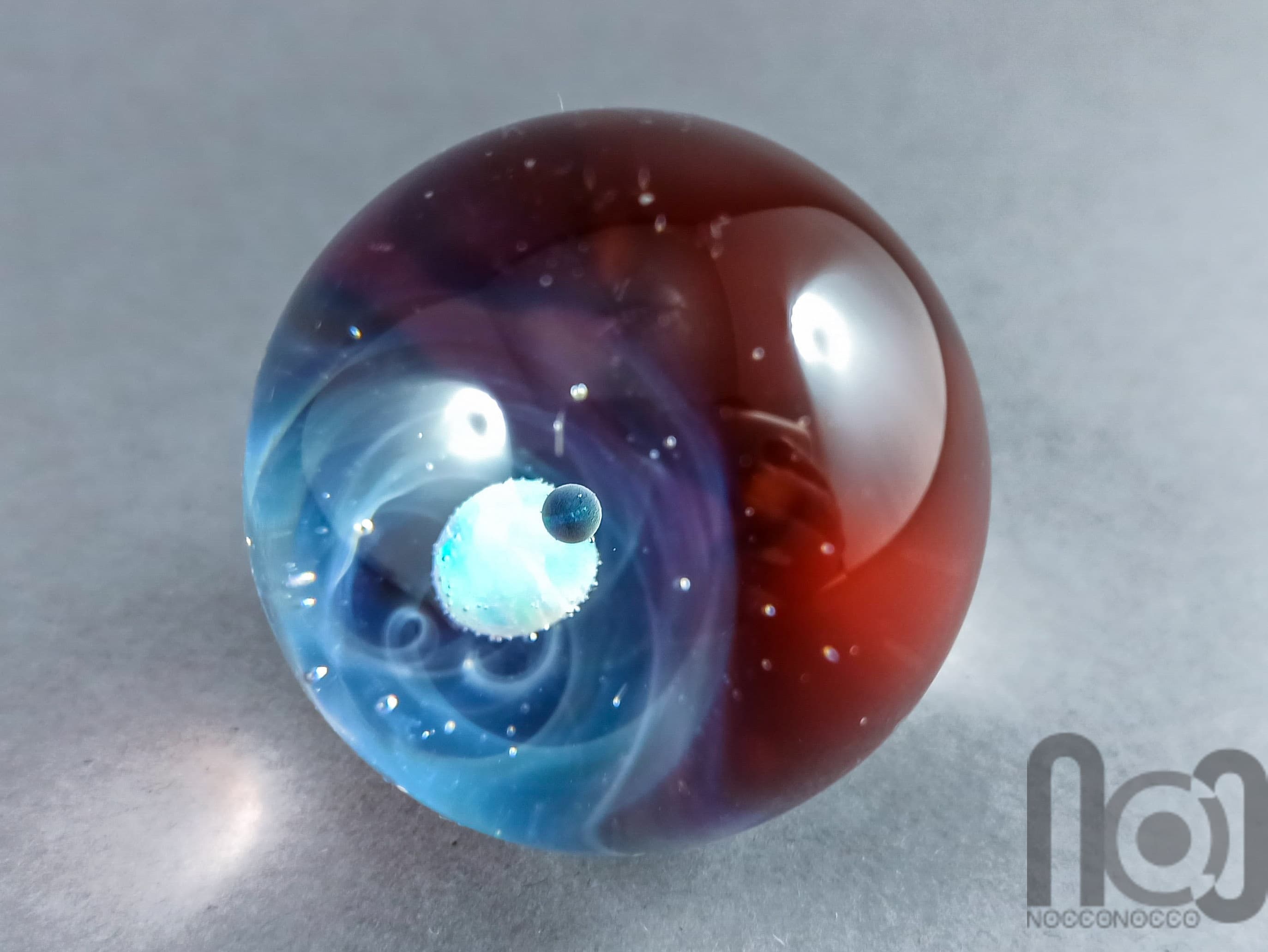 Silver Fumed Large Galaxy Marble, With Two Floating Opals and Backside Decoration, v307 — handmade borosilicate glass by NoccoNocco, main view, made in Greece
