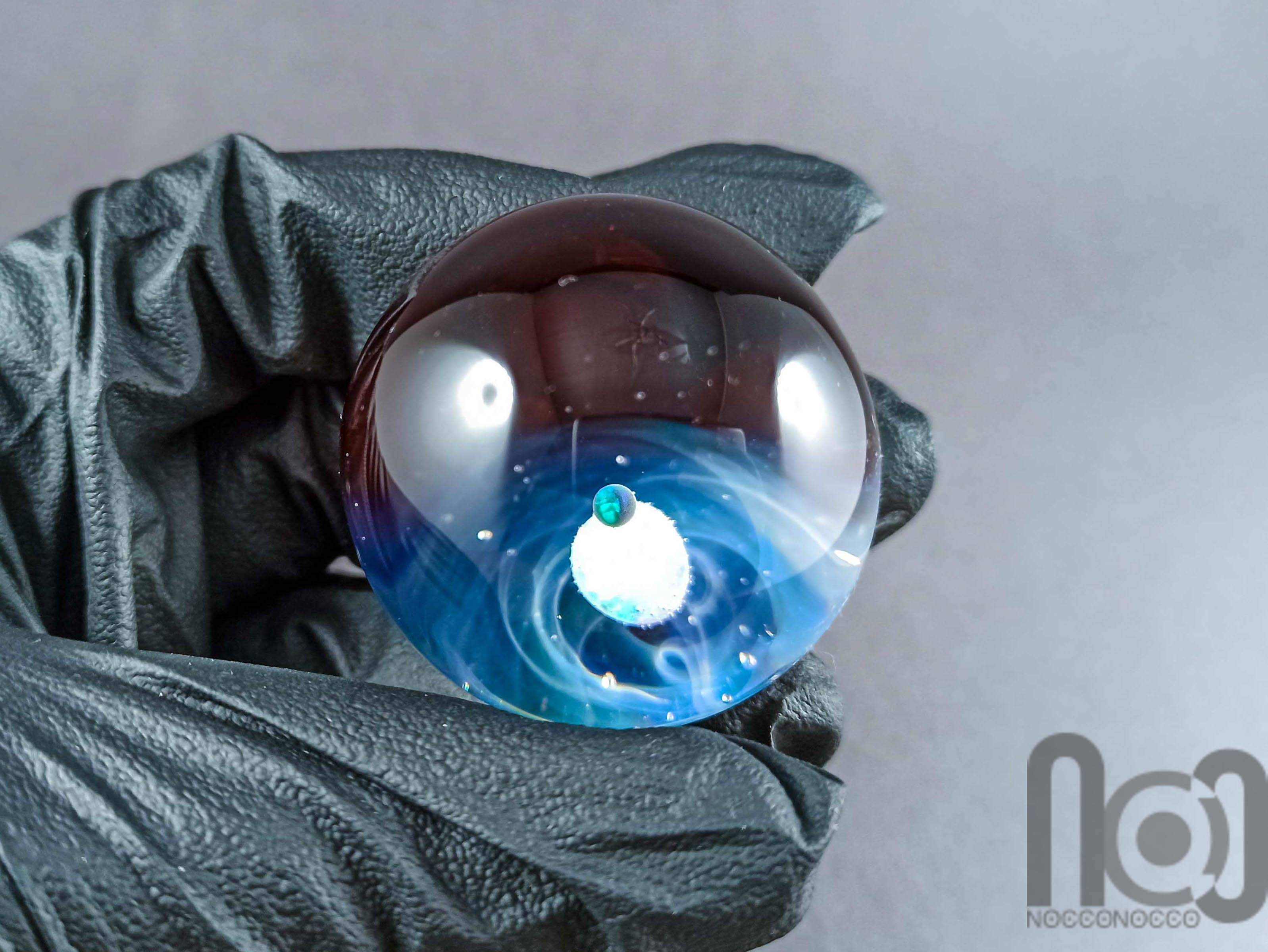 Silver Fumed Large Galaxy Marble, With Two Floating Opals and Backside Decoration, v307 — handmade borosilicate glass by NoccoNocco, detail view 2 of 3, made in Greece