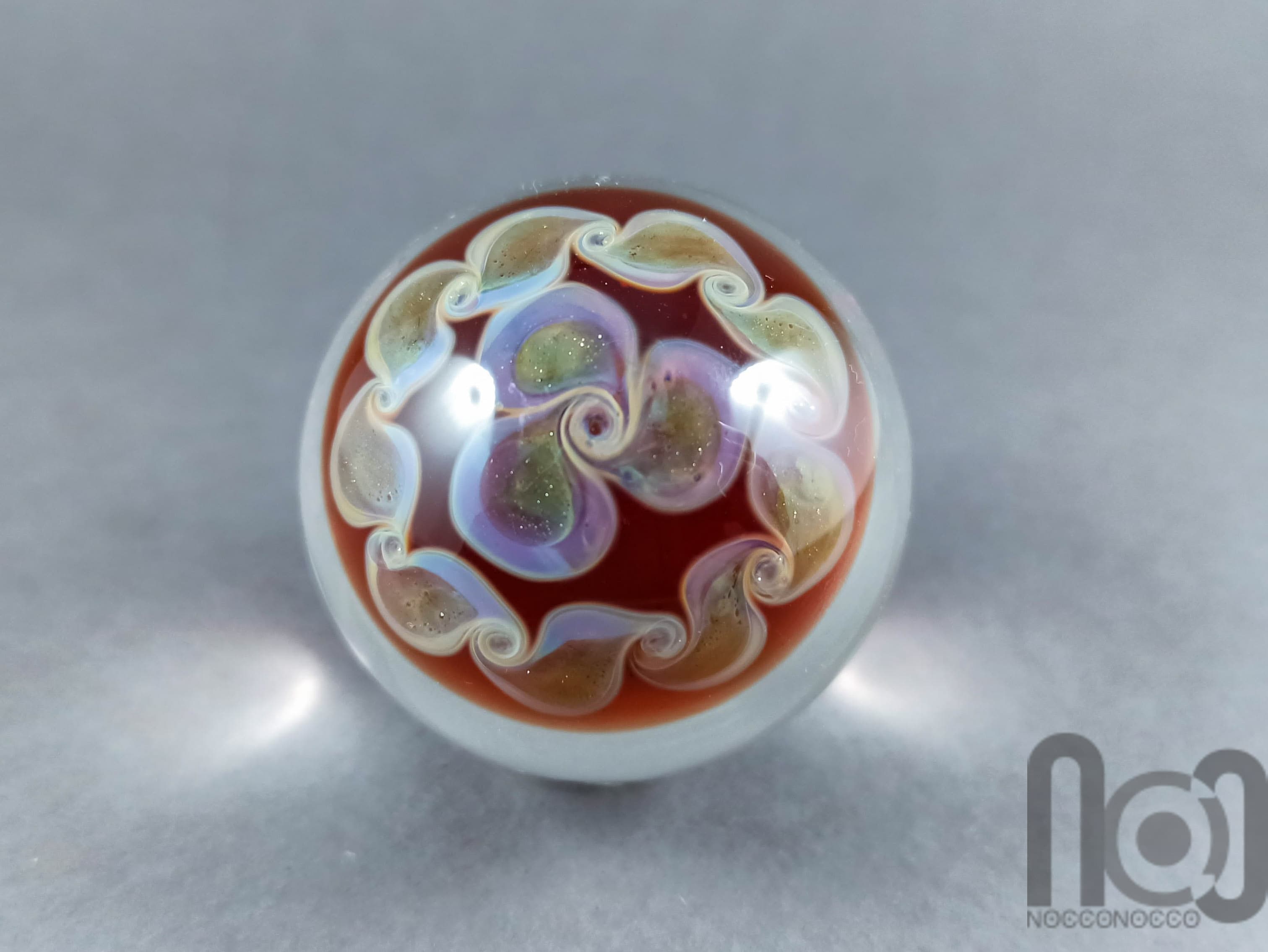 Silver Fumed Large Galaxy Marble, With Two Floating Opals and Backside Decoration, v307 — handmade borosilicate glass by NoccoNocco, detail view 3 of 3, made in Greece