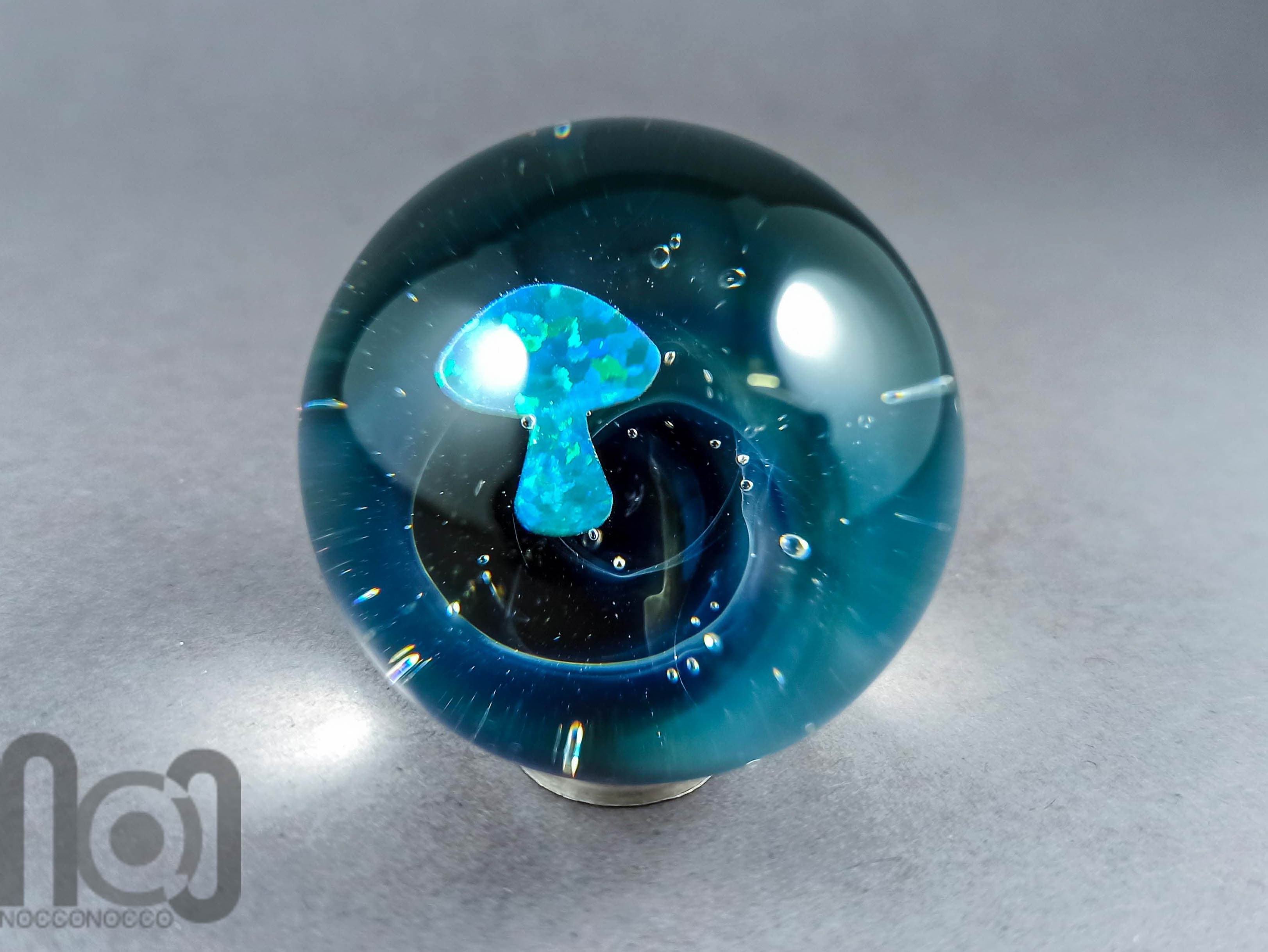Glass Galaxy Marble, With Backside Decoration and A Floating Opal Mushroom, v204 — handmade borosilicate glass by NoccoNocco, main view, made in Greece