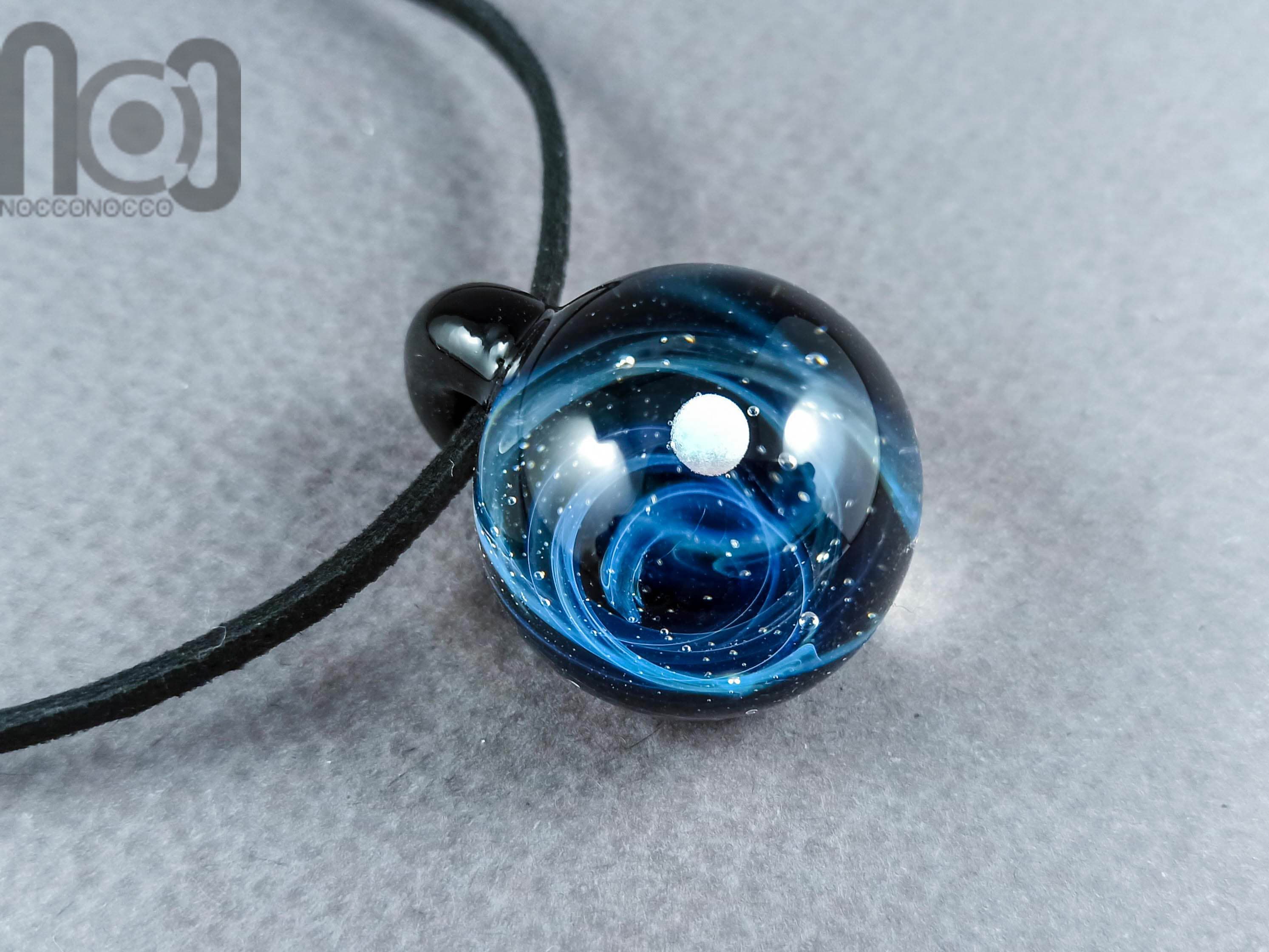Galaxy Pendant with An Opal Planet, v172 — handmade borosilicate glass by NoccoNocco, main view, made in Greece