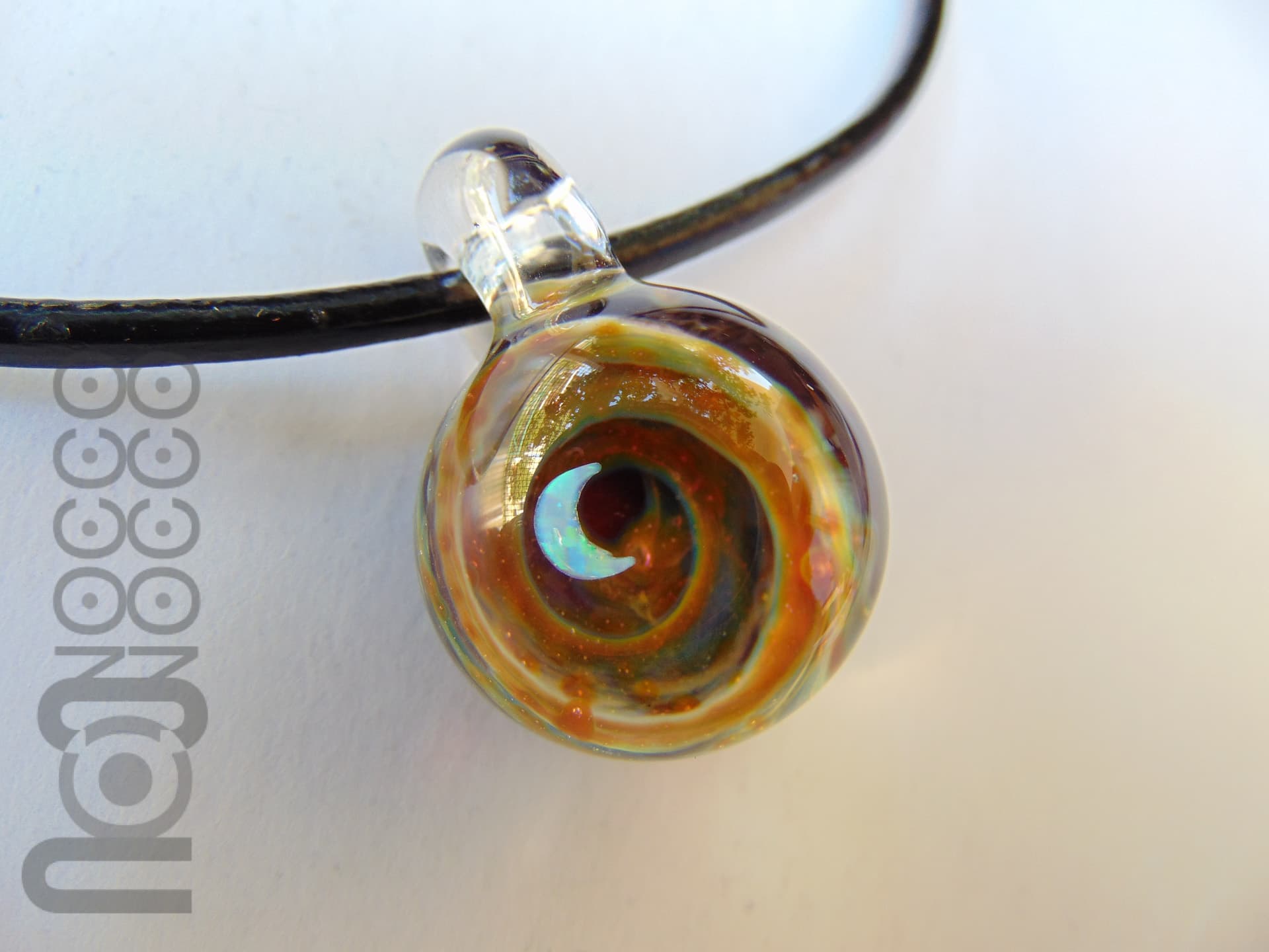 Galaxy Pendant with An Opal Crescent Moon, v19 — handmade borosilicate glass by NoccoNocco, main view, made in Greece