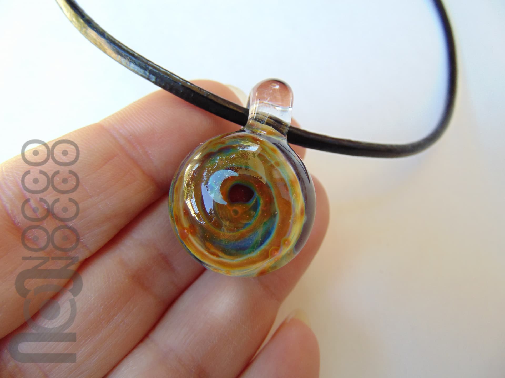 Galaxy Pendant with An Opal Crescent Moon, v19 — handmade borosilicate glass by NoccoNocco, detail view 2 of 3, made in Greece