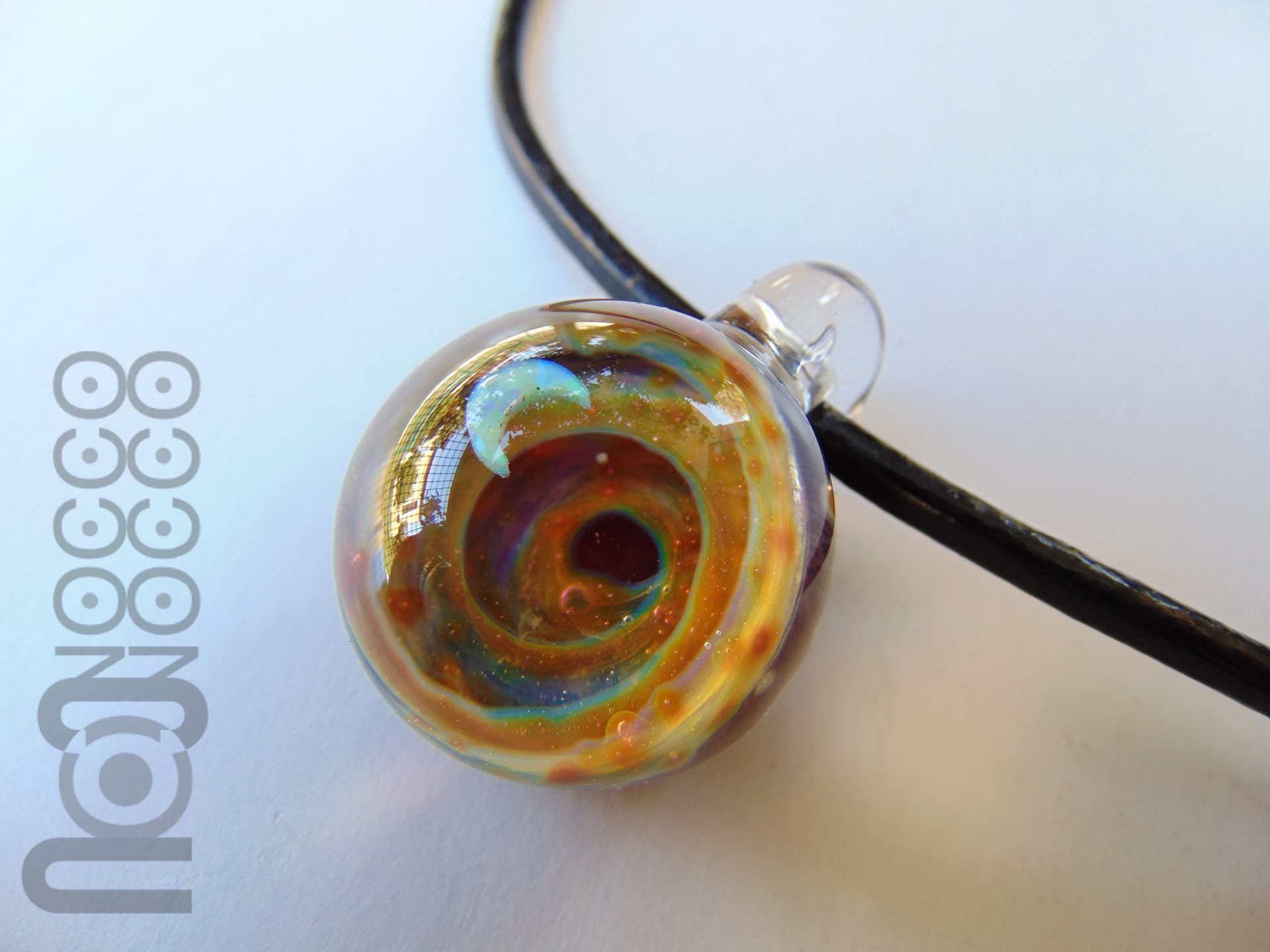 Galaxy Pendant with An Opal Crescent Moon, v19 — handmade borosilicate glass by NoccoNocco, detail view 3 of 3, made in Greece