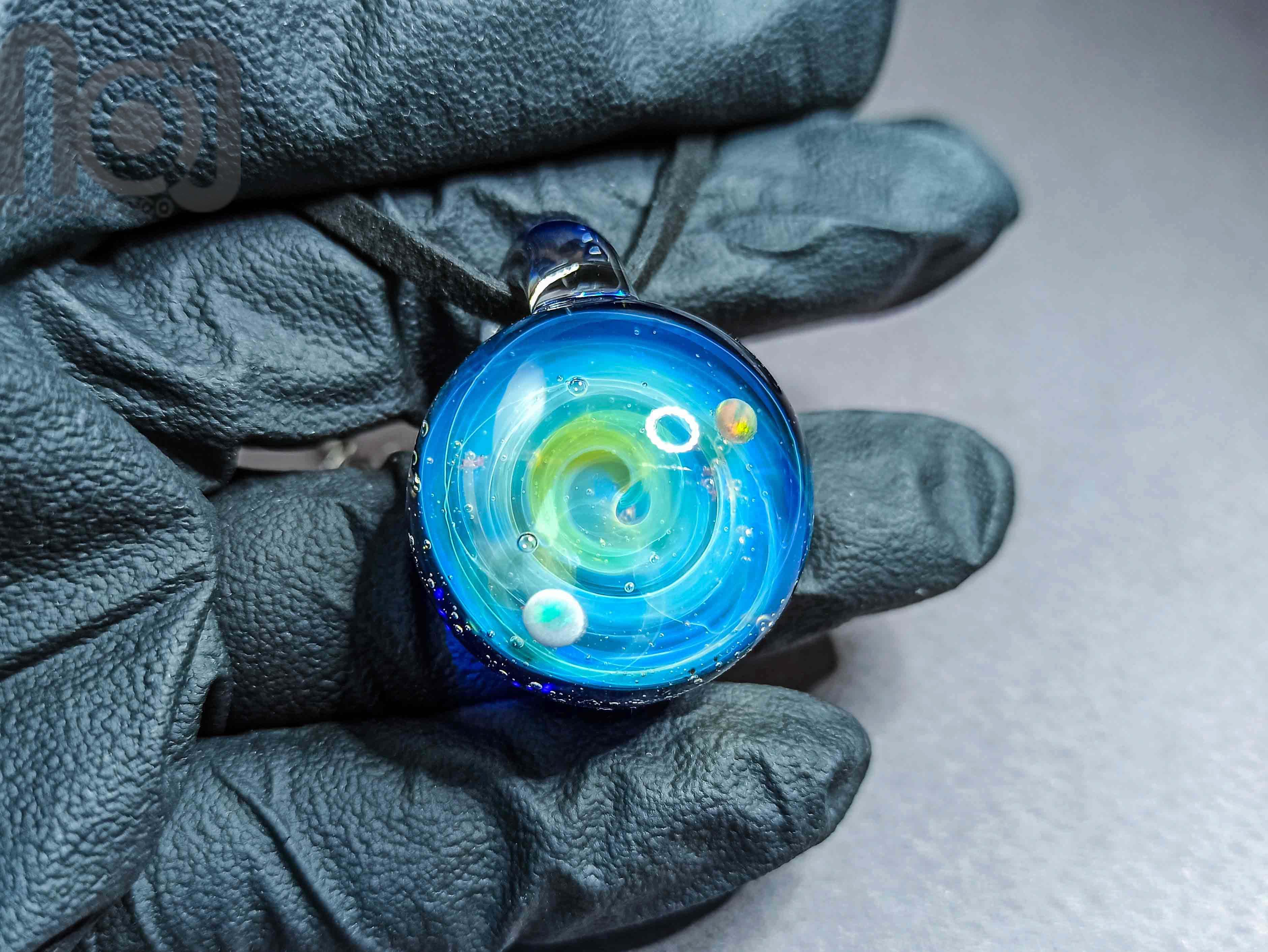 Galaxy Pendant with Two Opal Planets, v158 — handmade borosilicate glass by NoccoNocco, detail view 2 of 2, made in Greece