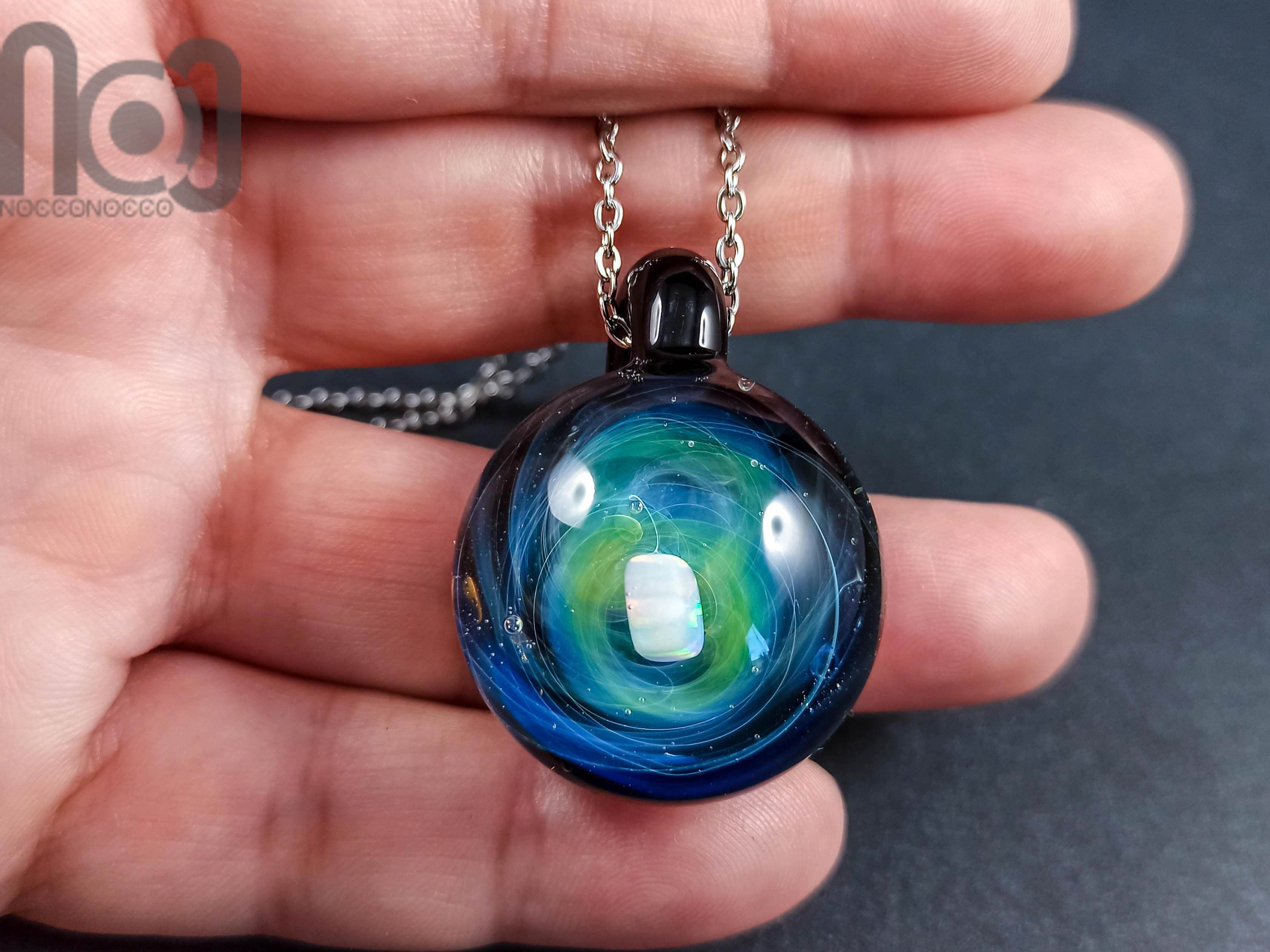 Galaxy Pendant with An Opal Meteor, v120 — handmade borosilicate glass by NoccoNocco, detail view 2 of 2, made in Greece