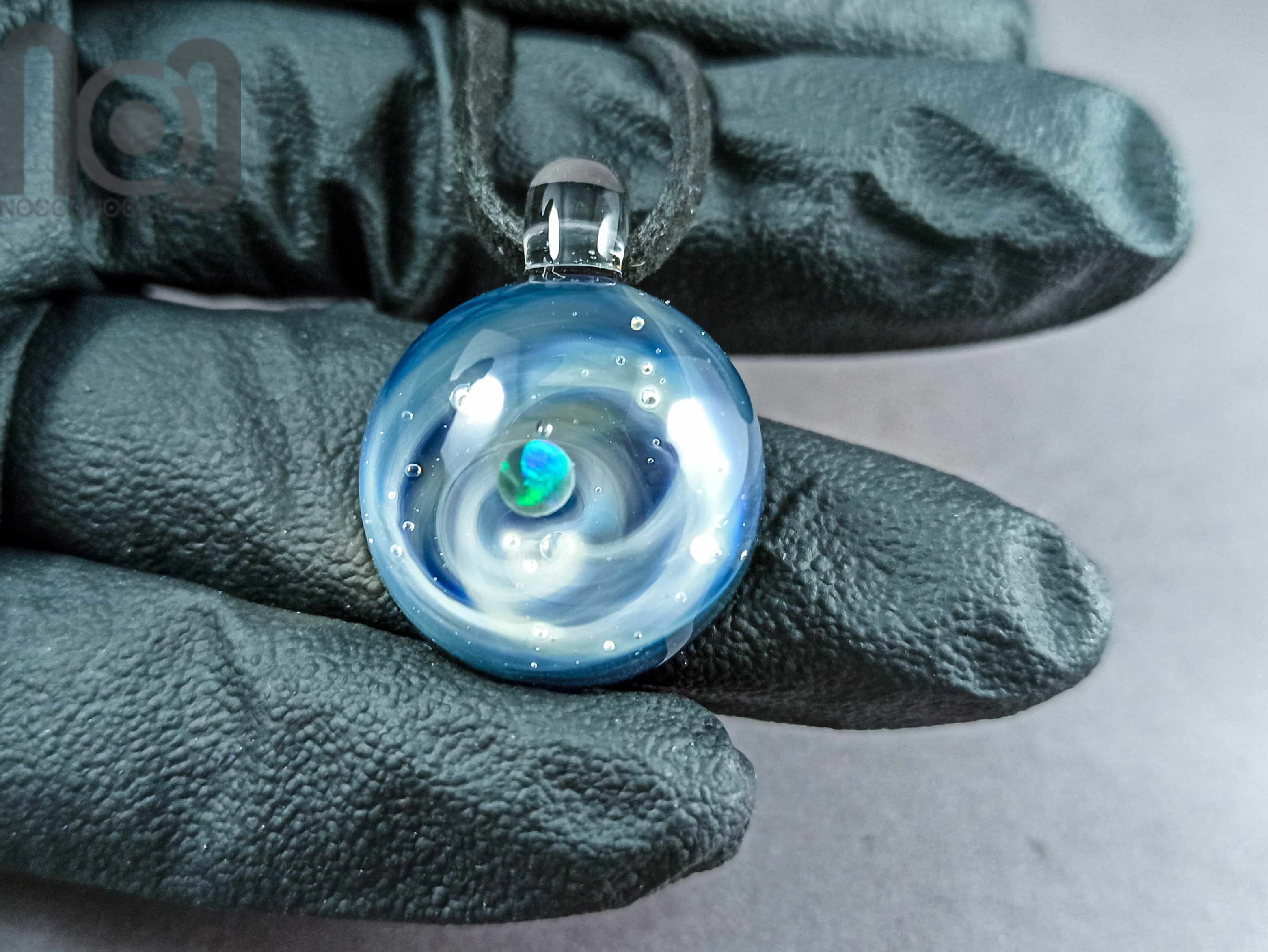Galaxy Pendant with An Opal Planet, v195 — handmade borosilicate glass by NoccoNocco, detail view 2 of 2, made in Greece