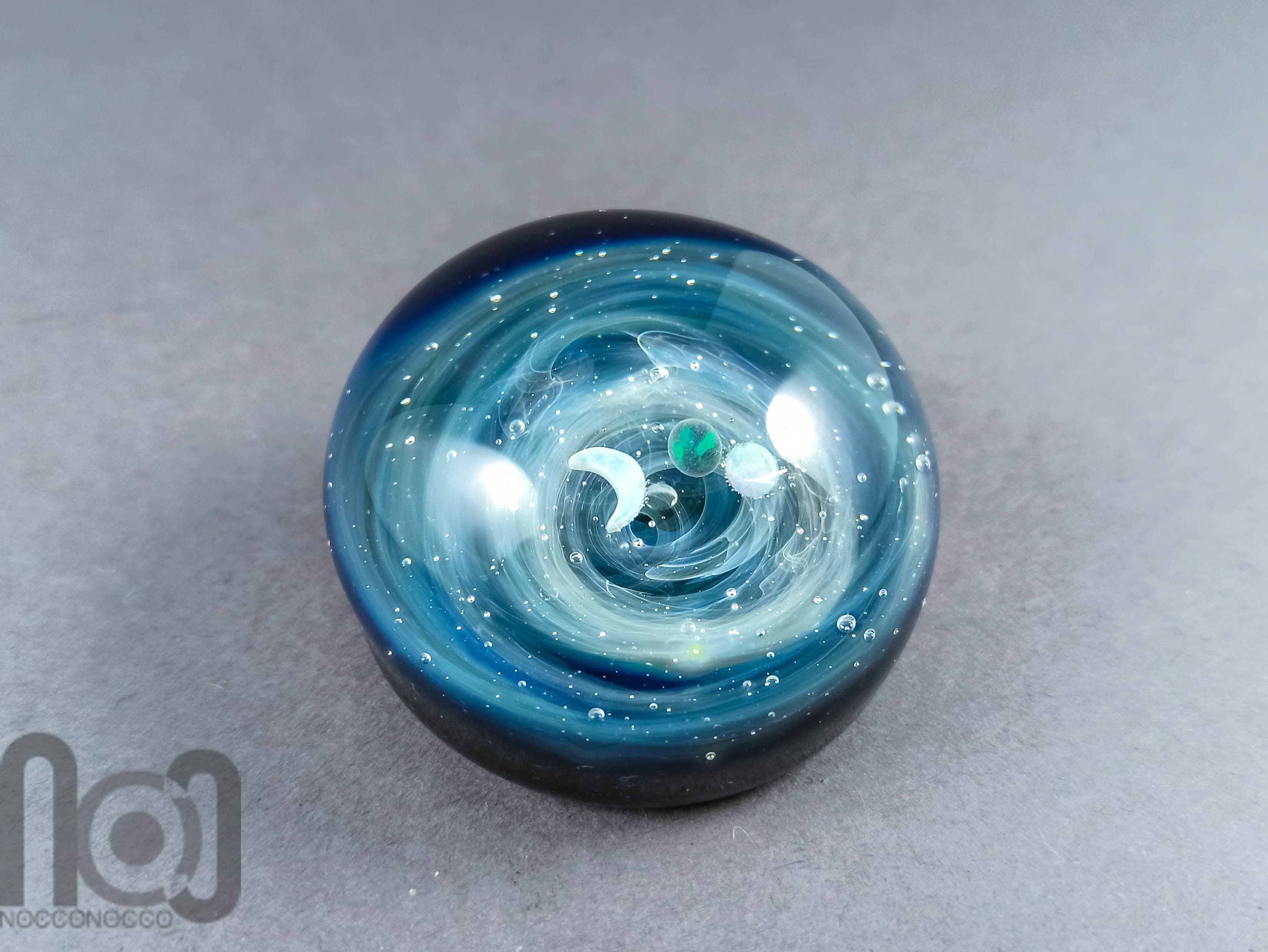 Silver Fumed Glass Galaxy Paperweight, With Three Floating Opal Planets, v151 — handmade borosilicate glass by NoccoNocco, main view, made in Greece