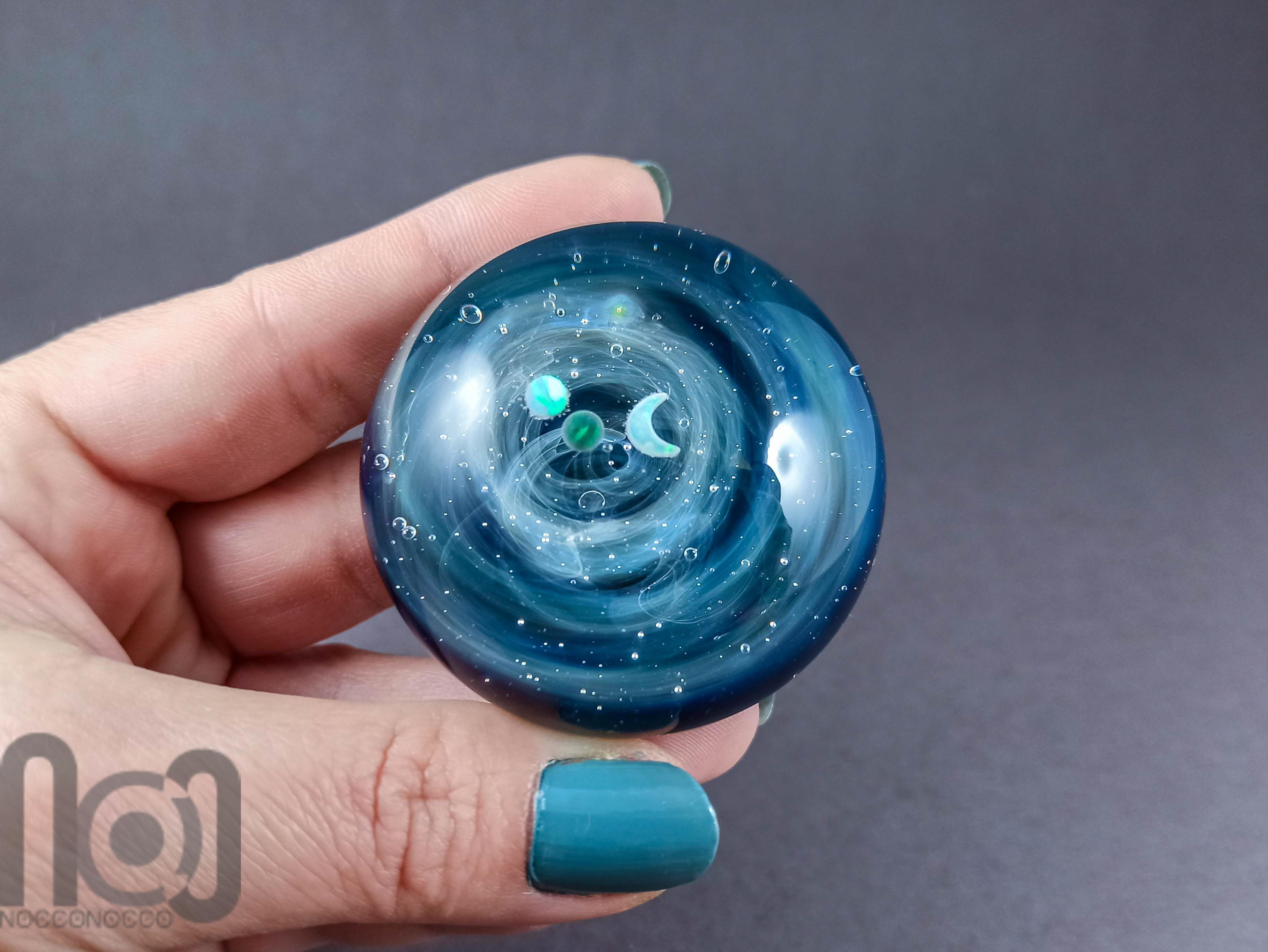 Silver Fumed Glass Galaxy Paperweight, With Three Floating Opal Planets, v151 — handmade borosilicate glass by NoccoNocco, detail view 2 of 2, made in Greece