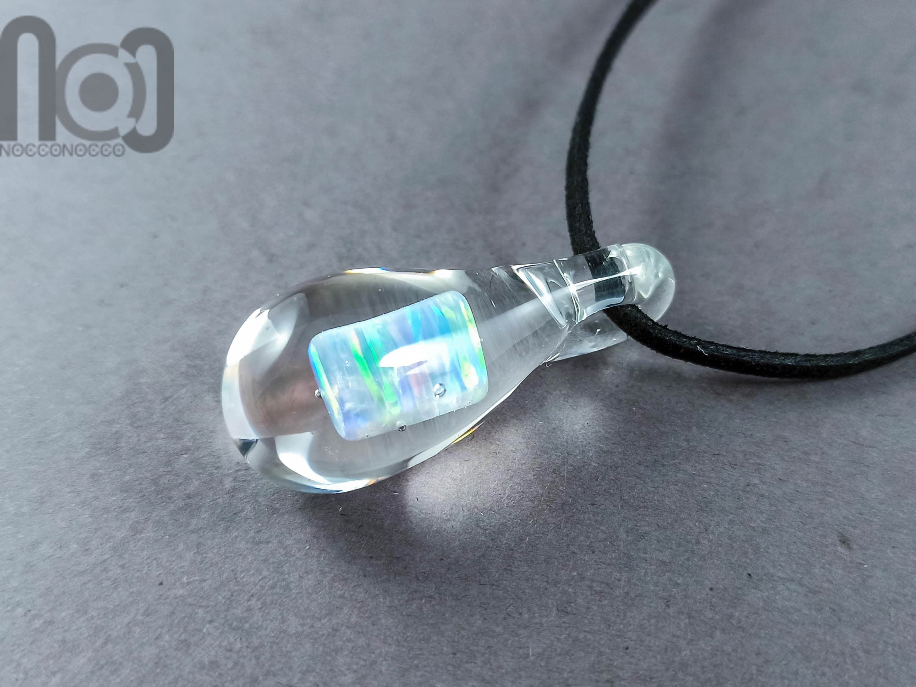 Clear Glass Pendant With A Large Tumbled Opal, v206 — handmade borosilicate glass by NoccoNocco, main view, made in Greece