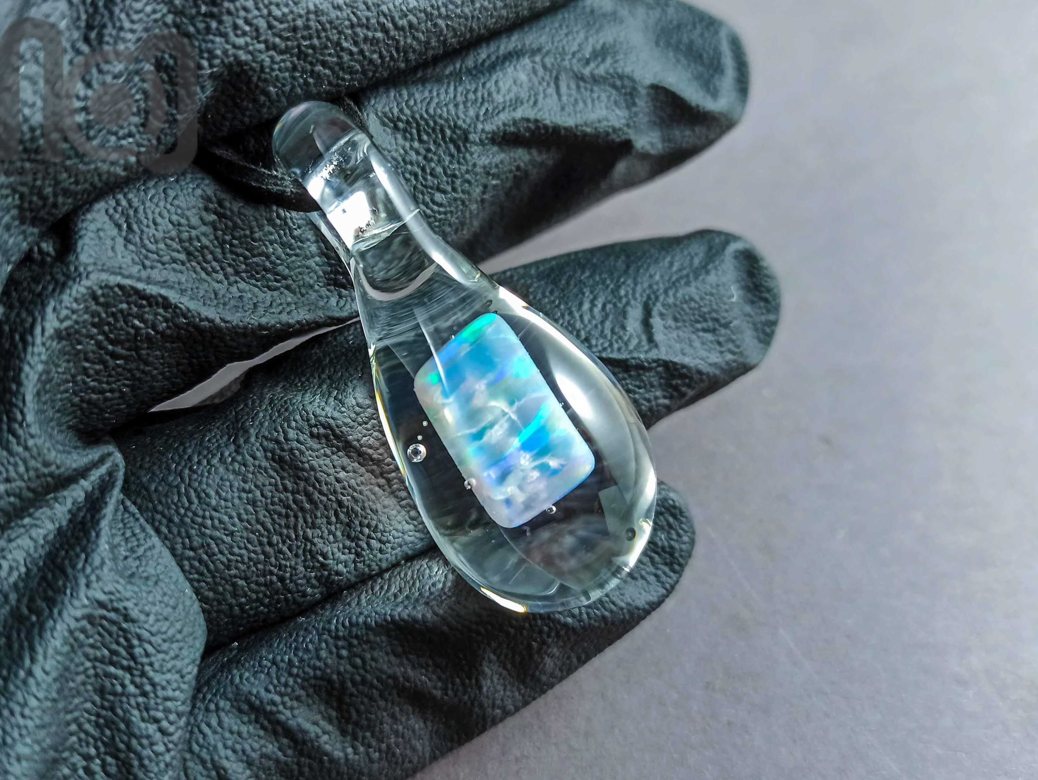 Clear Glass Pendant With A Large Tumbled Opal, v206 — handmade borosilicate glass by NoccoNocco, detail view 2 of 2, made in Greece