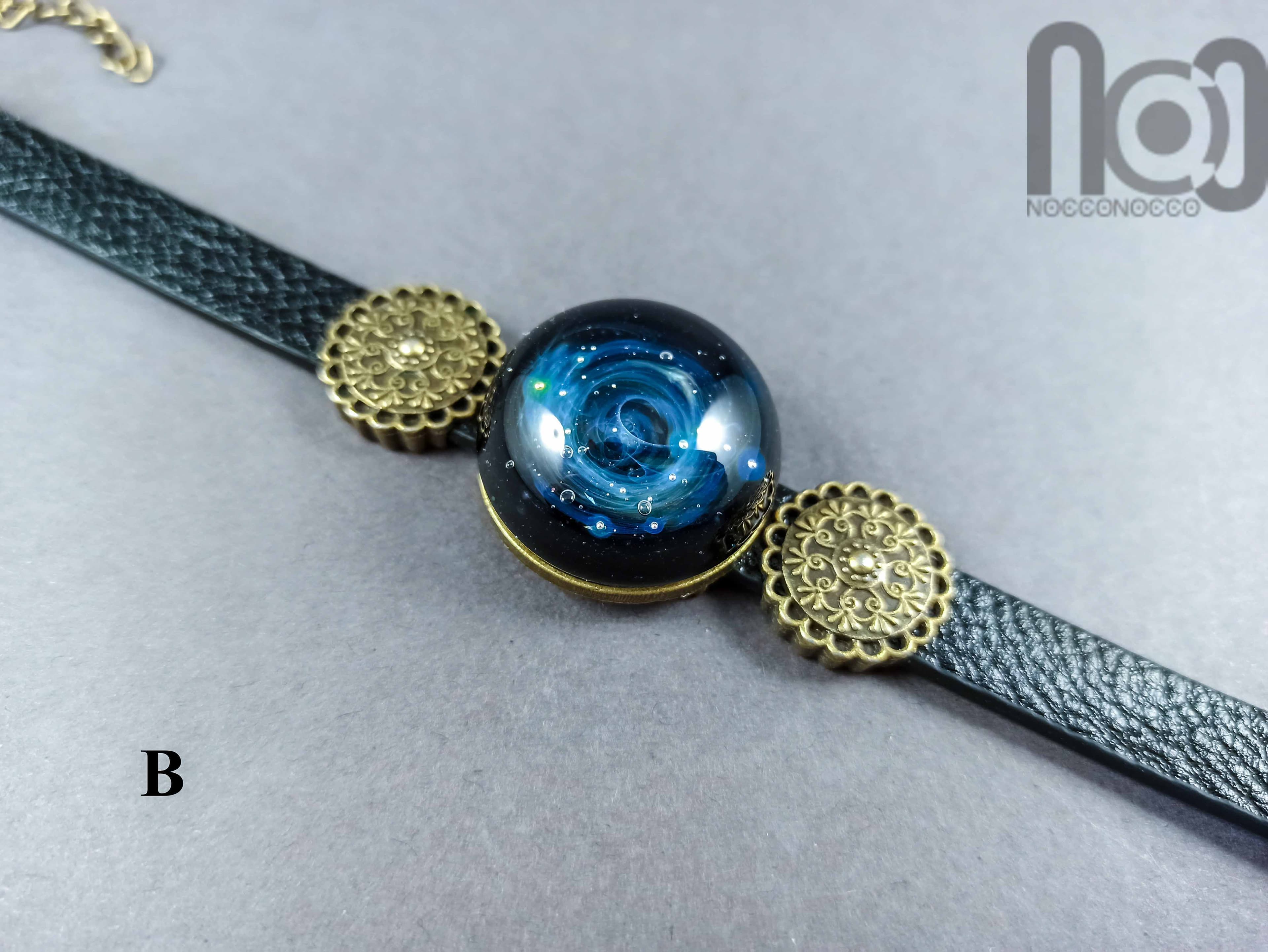 Silver Fumed Glass Galaxy Bracelet made with PU Leather, v14 — handmade borosilicate glass by NoccoNocco, detail view 3 of 4, made in Greece