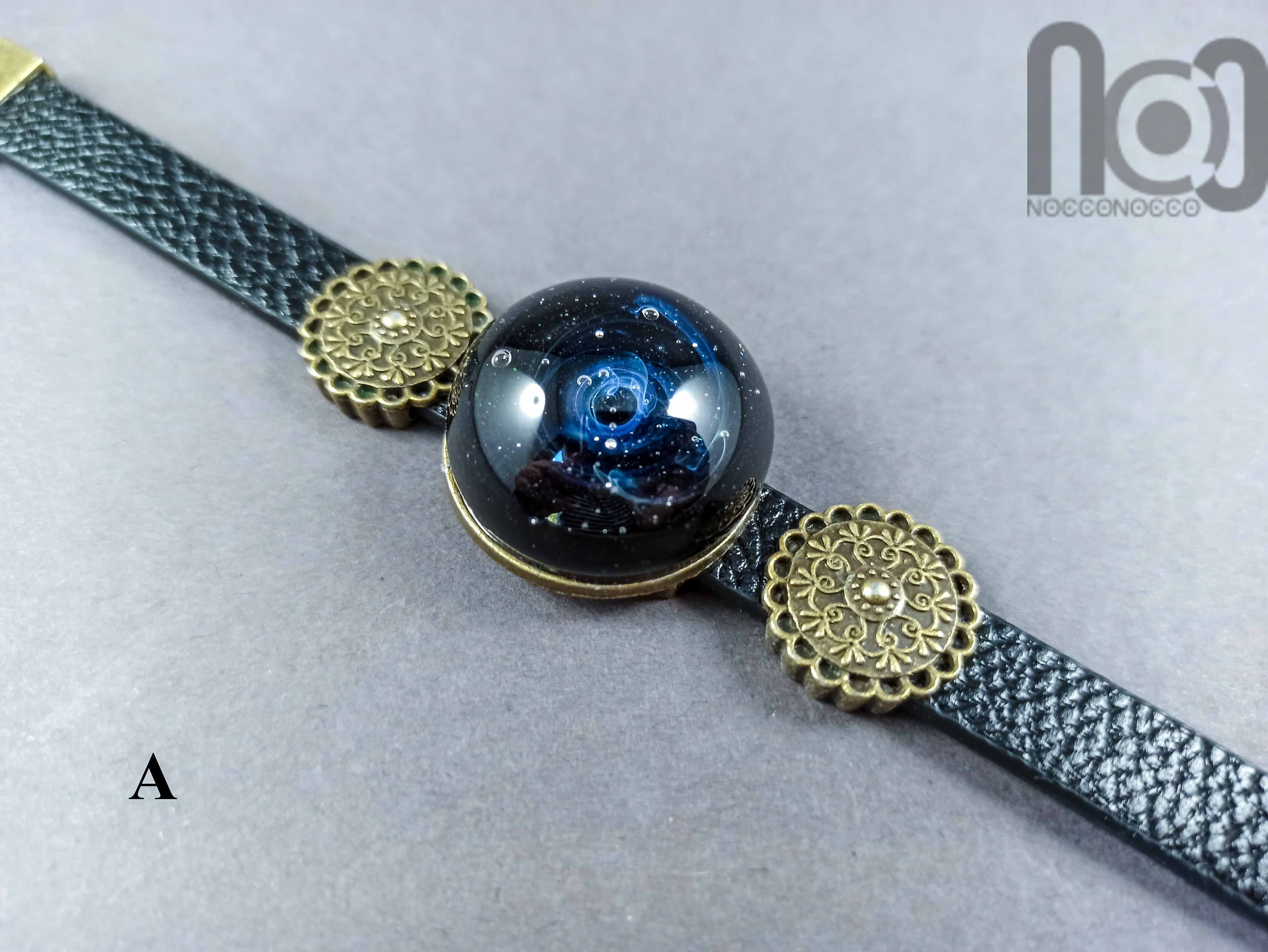 Silver Fumed Glass Galaxy Bracelet made with PU Leather, v14 — handmade borosilicate glass by NoccoNocco, detail view 4 of 4, made in Greece