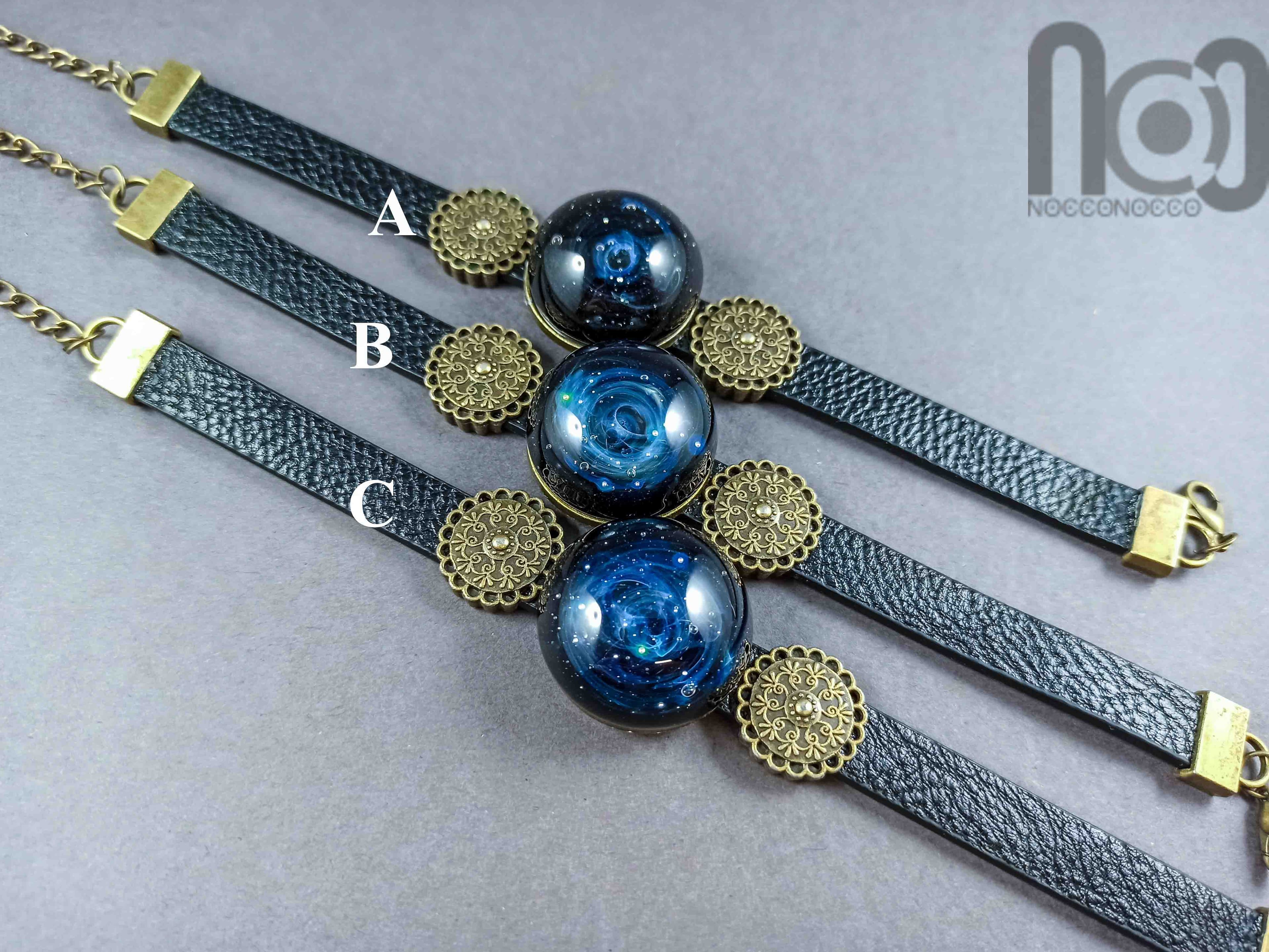 Silver Fumed Glass Galaxy Bracelet made with PU Leather, v14 — handmade borosilicate glass by NoccoNocco, main view, made in Greece