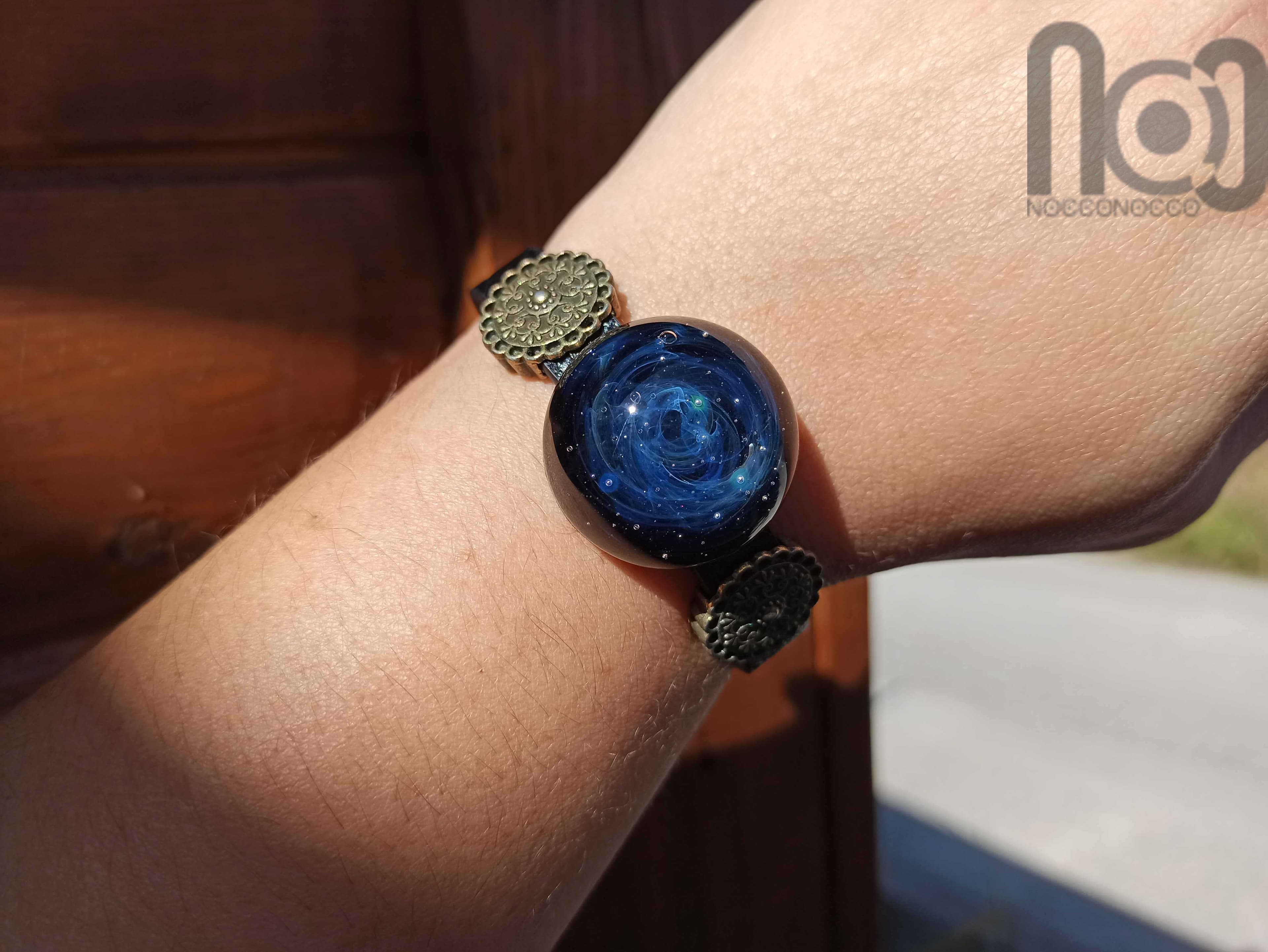 Silver Fumed Glass Galaxy Bracelet made with PU Leather, v14 — handmade borosilicate glass by NoccoNocco, detail view 2 of 4, made in Greece