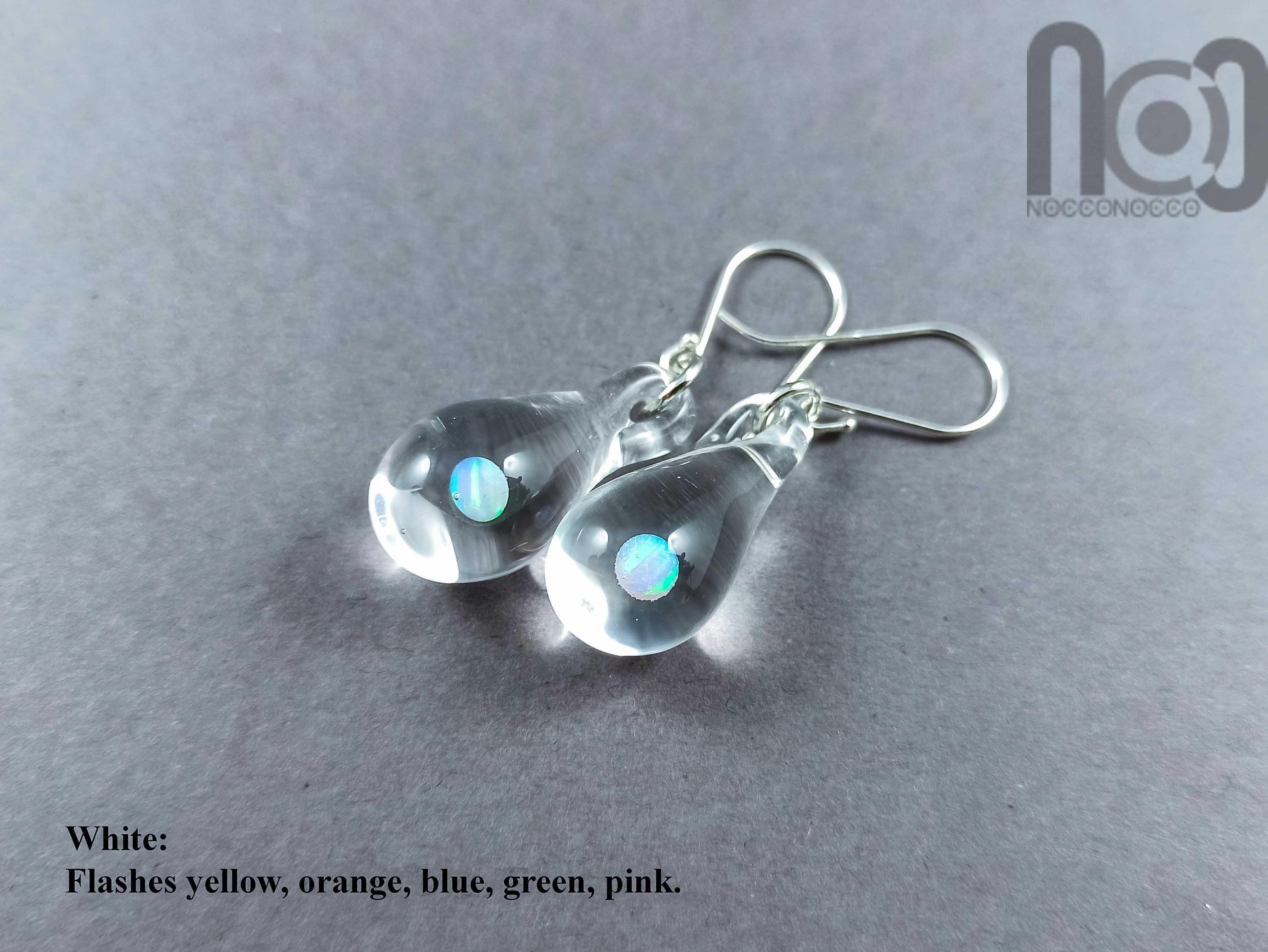 Clear Drop Earrings With Opals, v63 — handmade borosilicate glass by NoccoNocco, detail view 3 of 3, made in Greece