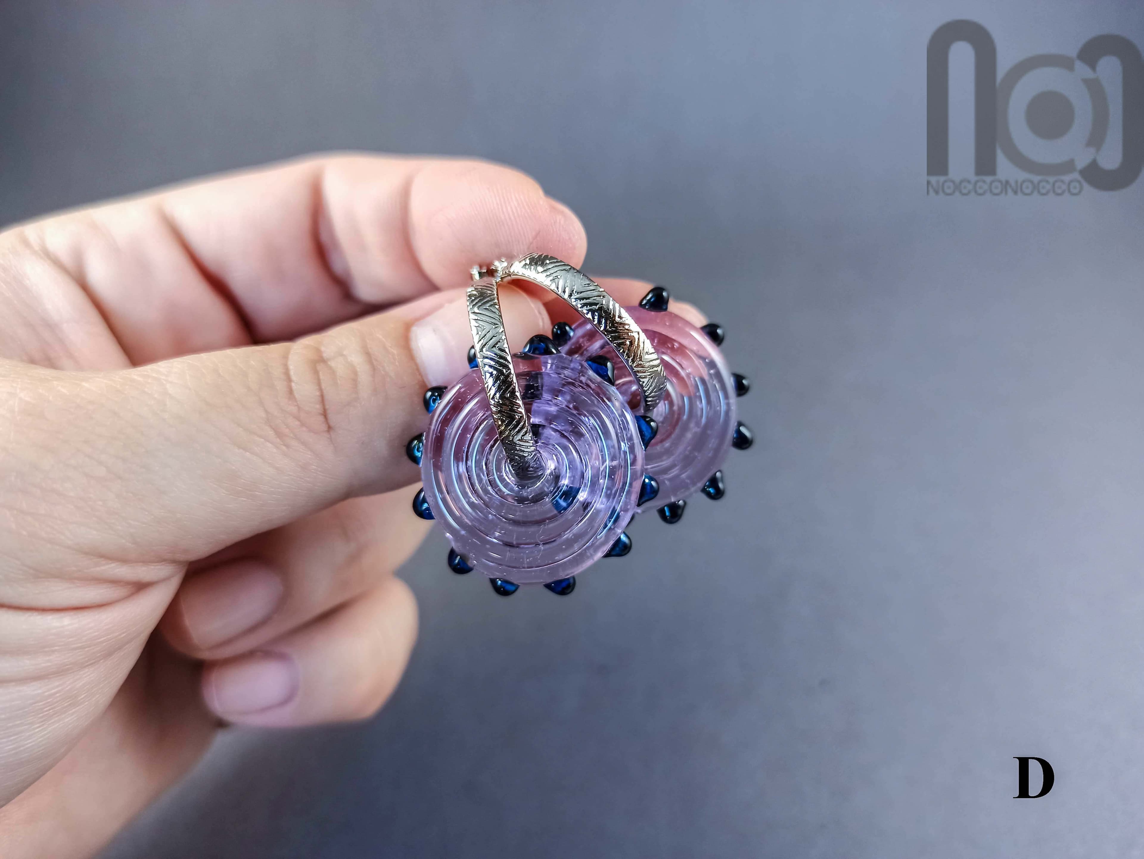 Stainless steel hoop earrings with handmade glass disc beads, v83 — handmade borosilicate glass by NoccoNocco, detail view 2 of 4, made in Greece