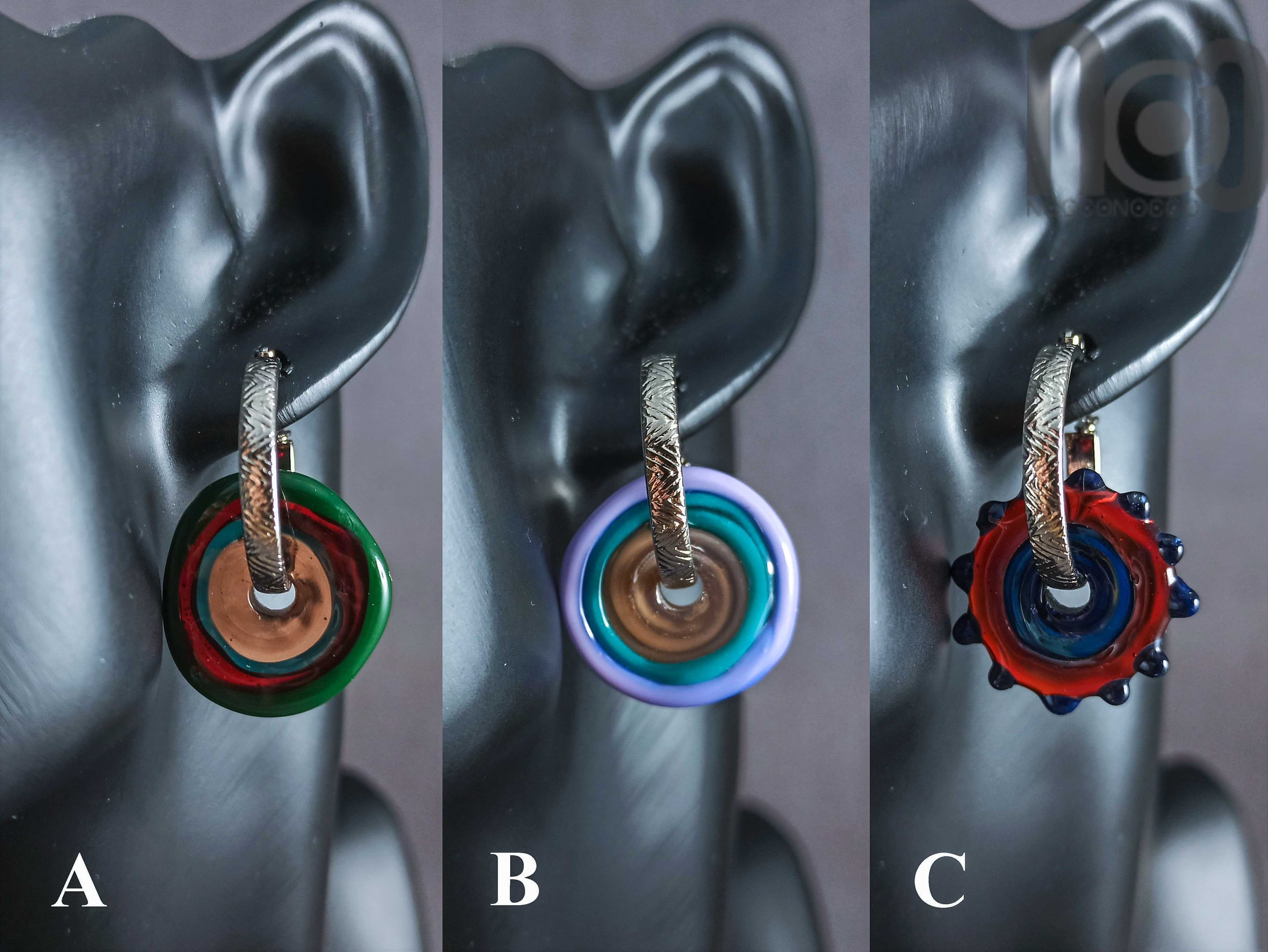 Stainless steel hoop earrings with handmade glass disc beads, v83 — handmade borosilicate glass by NoccoNocco, detail view 3 of 4, made in Greece