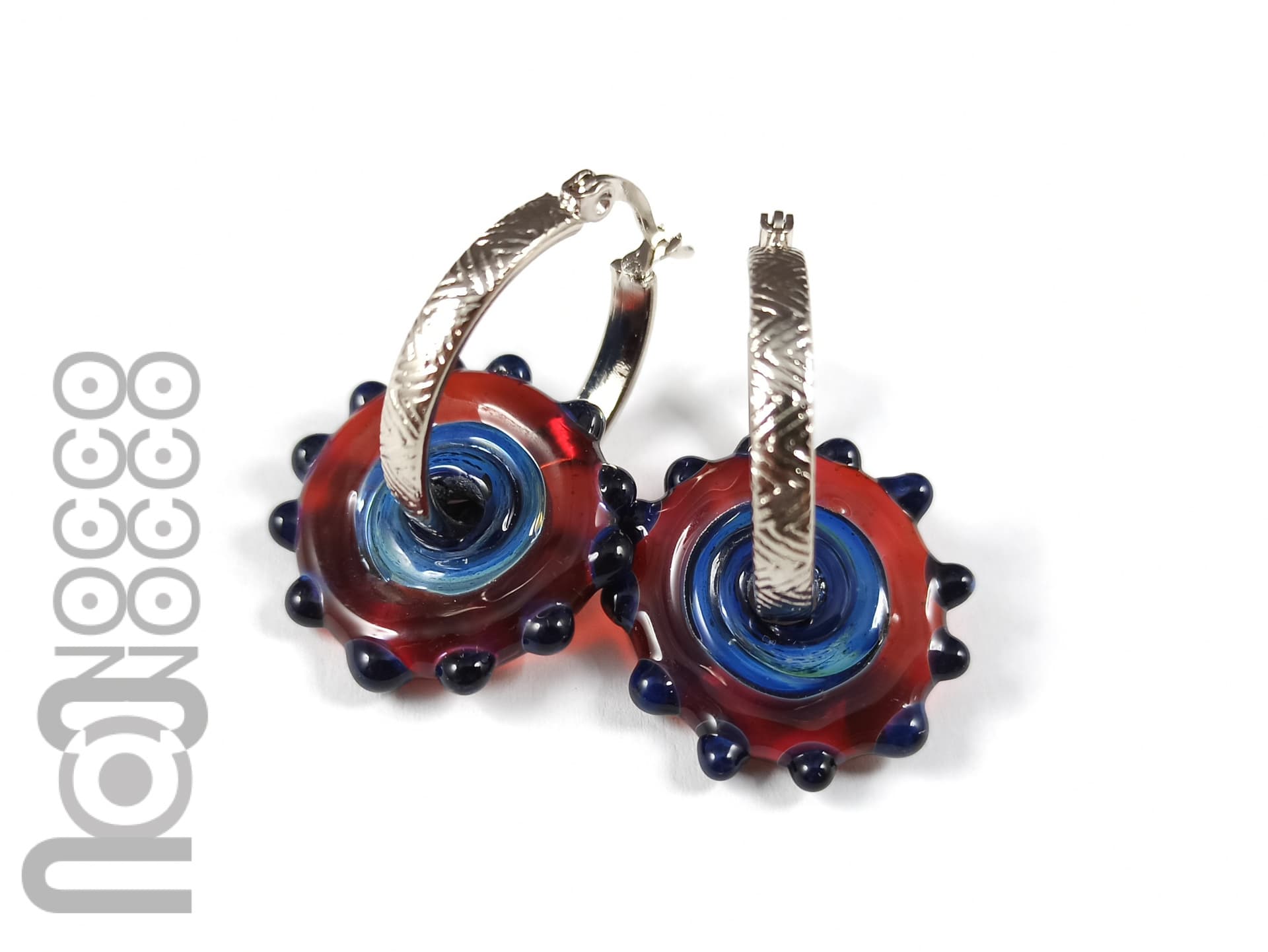 Stainless steel hoop earrings with handmade glass disc beads, v83 — handmade borosilicate glass by NoccoNocco, main view, made in Greece