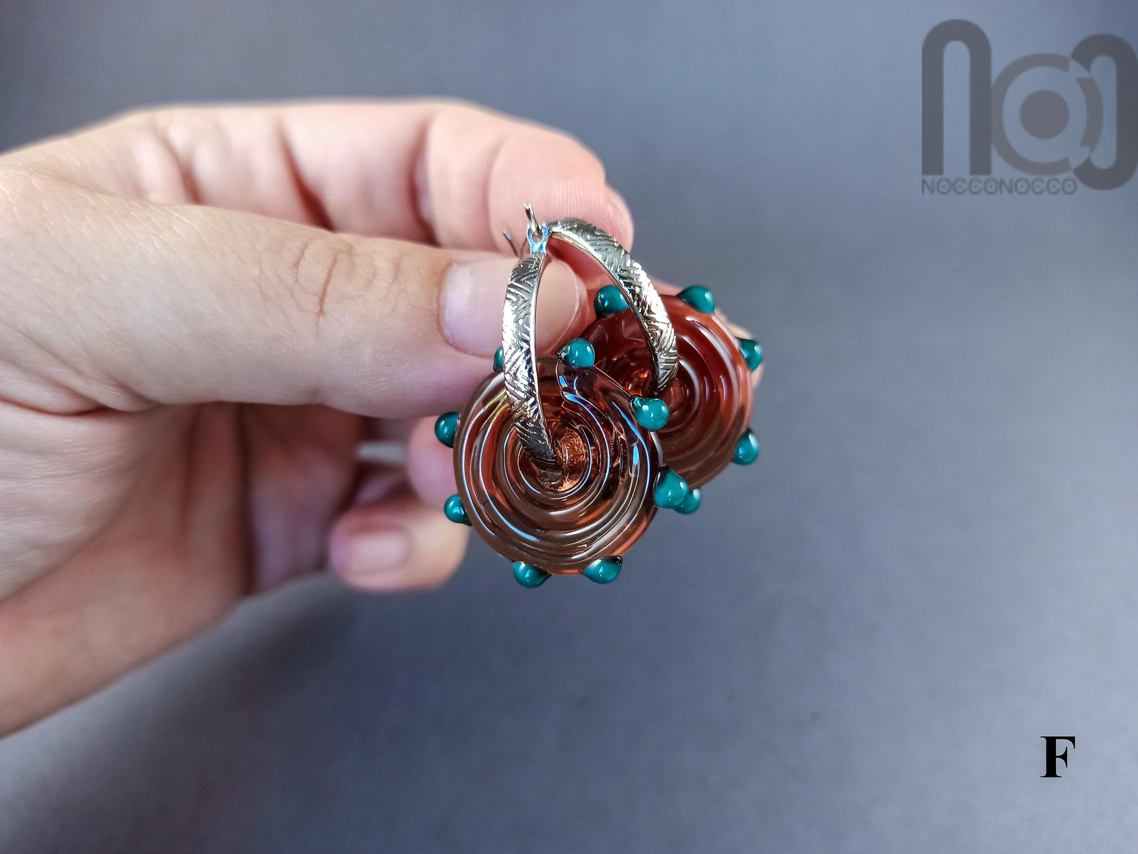 Stainless steel hoop earrings with handmade glass disc beads, v83 — handmade borosilicate glass by NoccoNocco, detail view 4 of 4, made in Greece