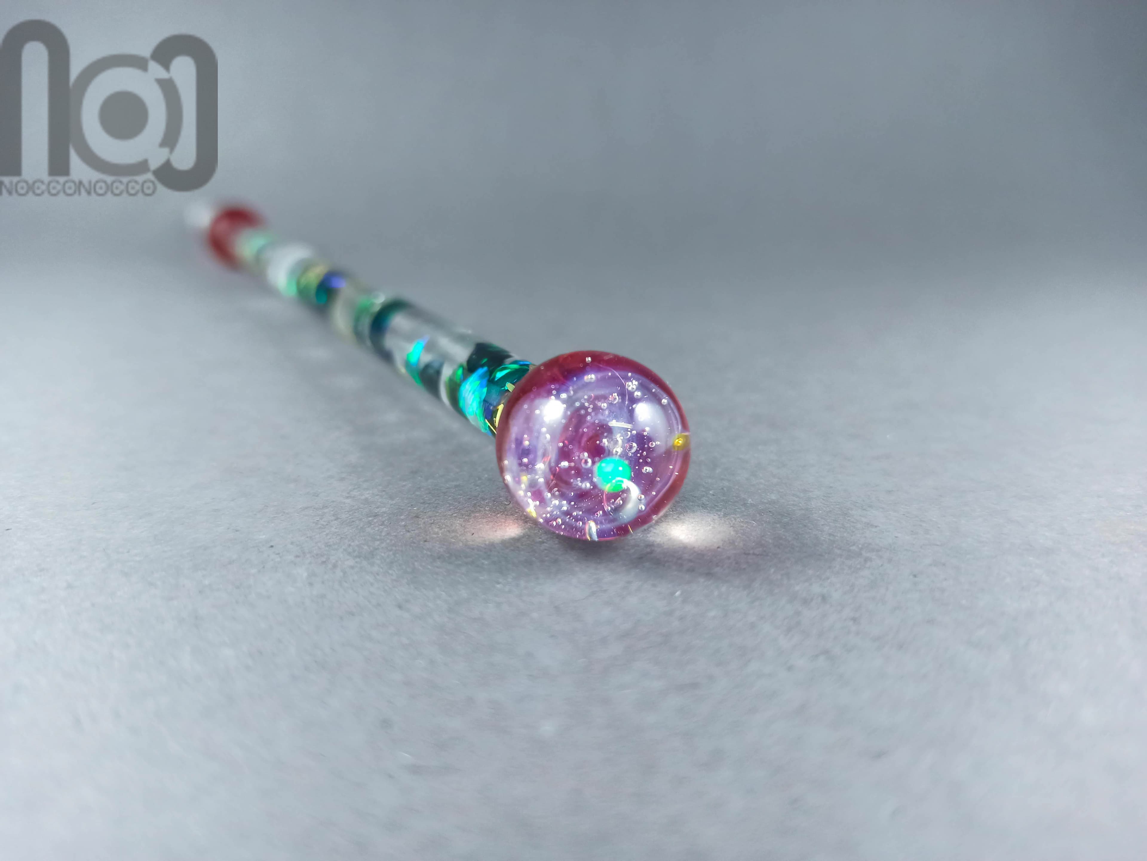 Glass Dip Pen filled with floating cog and gears, crushed tumbled opal, and a galaxy marble on top, v047 — handmade borosilicate glass by NoccoNocco, detail view 2 of 4, made in Greece